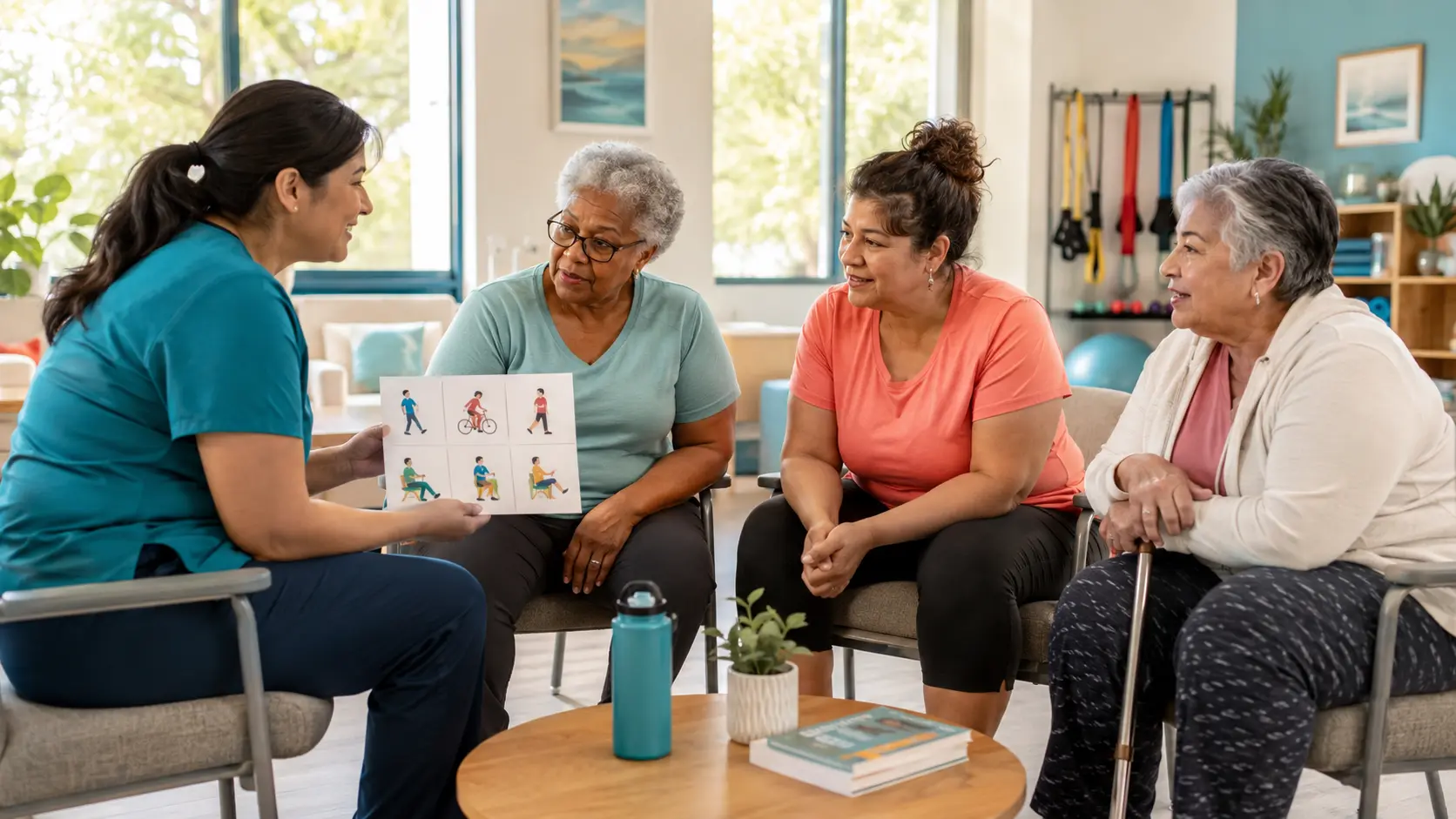 A health navigator listens as women review several physical activity options in a bright community setting.