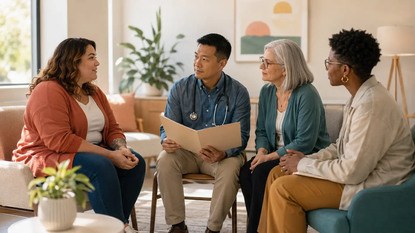 An adult patient in a bright clinic speaking with a primary-care clinician, behavioral-health professional, and dietitian during a respectful multidisciplinary assessment.