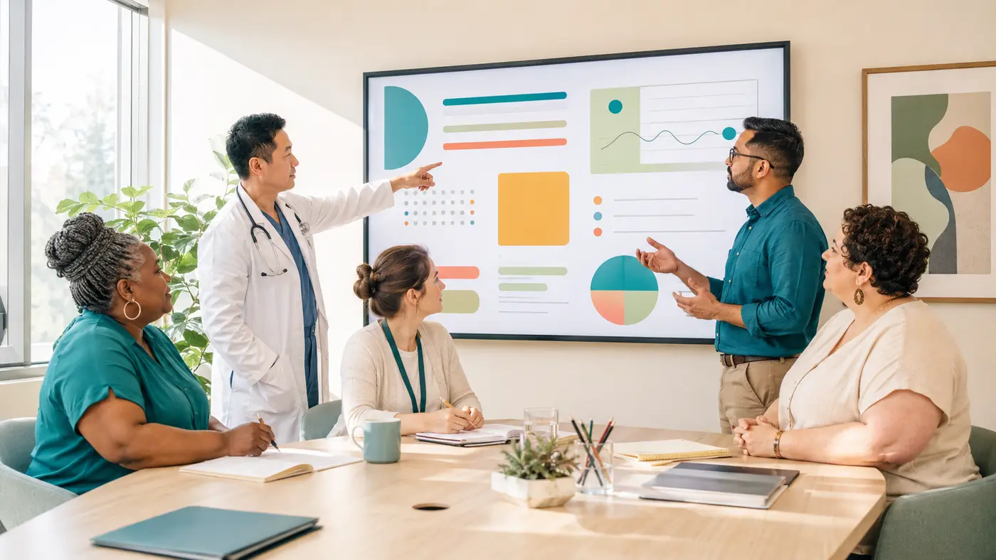 A diverse healthcare governance group, including a lived-experience advisor, discussing an abstract dashboard in a bright conference room.