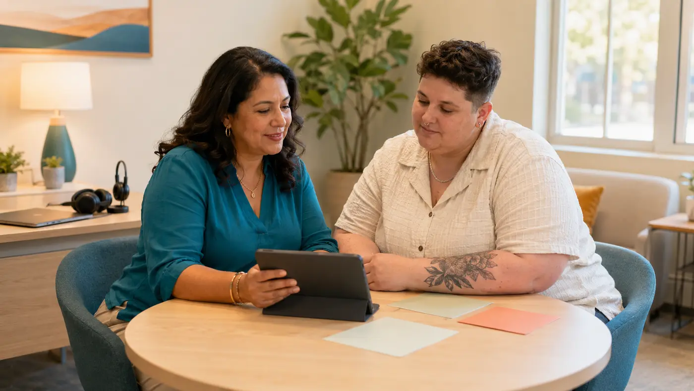 A patient navigator and an adult patient with an inclusive body and gender presentation reviewing care options together in a bright community health center.