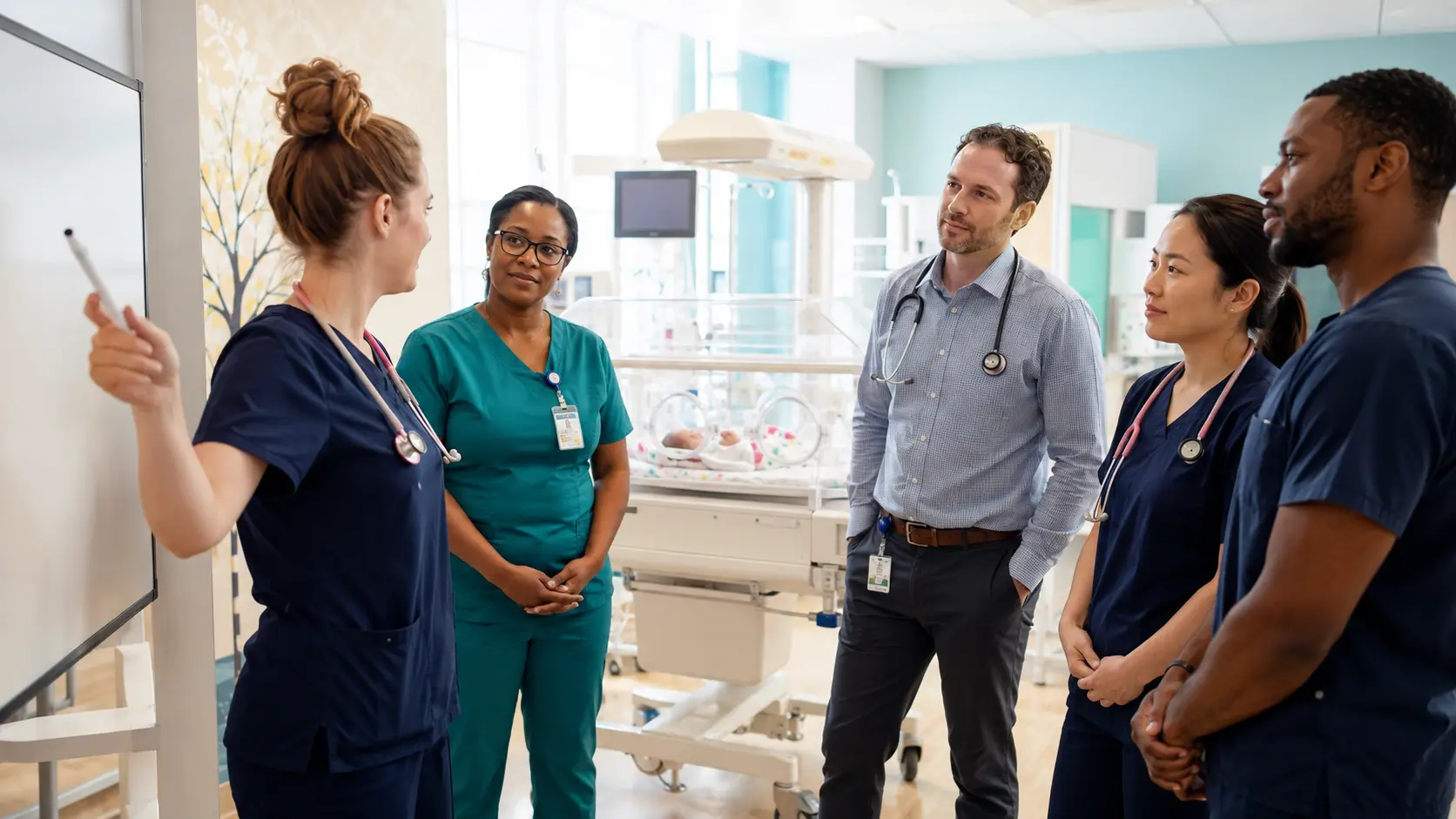 A neonatal nurse leads an interprofessional safety huddle in a bright NICU while four colleagues review the upcoming shift.