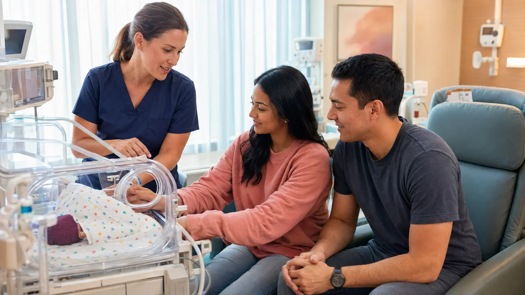 A neonatal nurse coaches two parents as one parent uses an incubator port to provide gentle touch to their covered infant.
