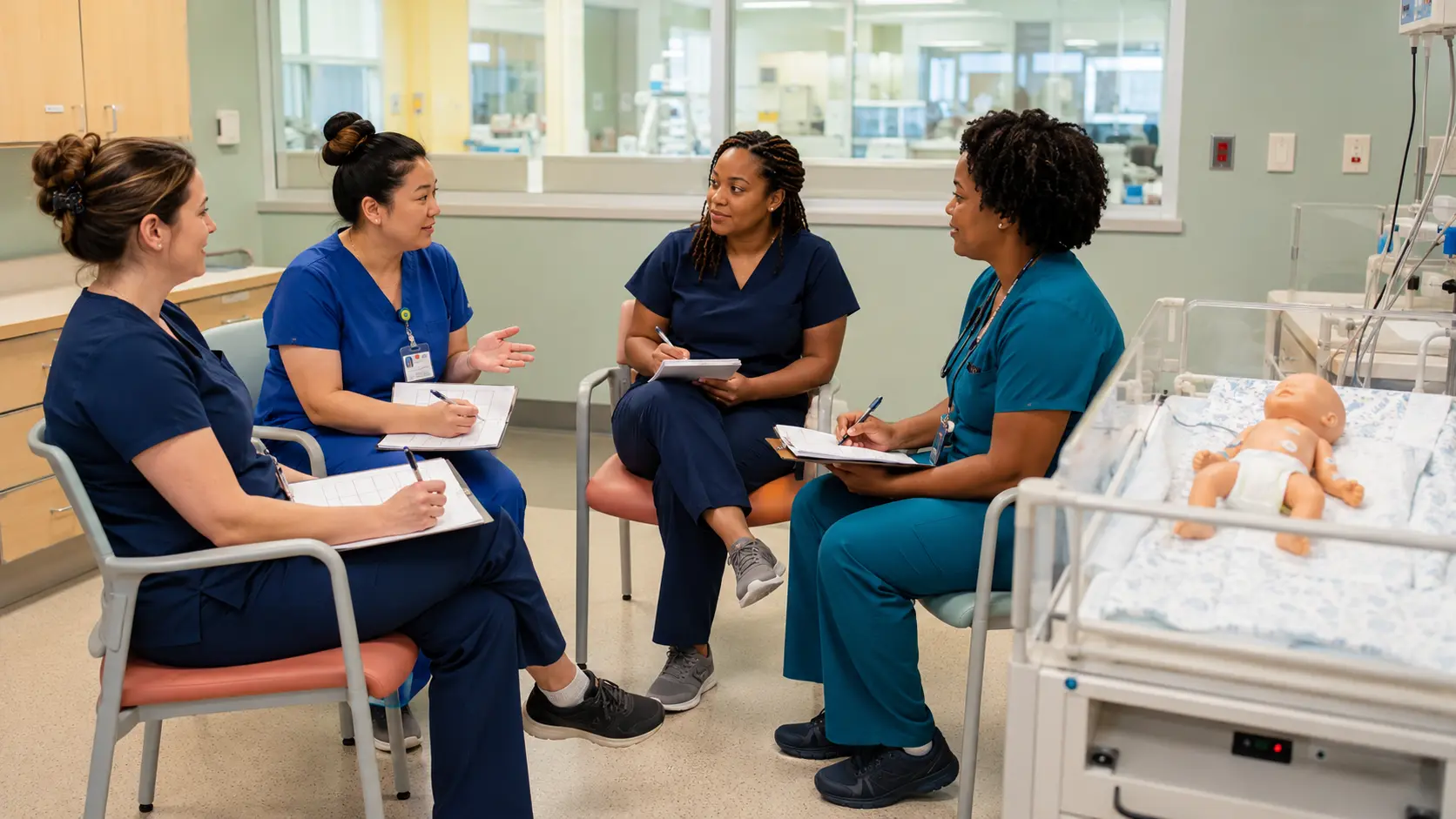 Four neonatal nurses participate in a supportive post-simulation debrief beside a neonatal training mannequin.