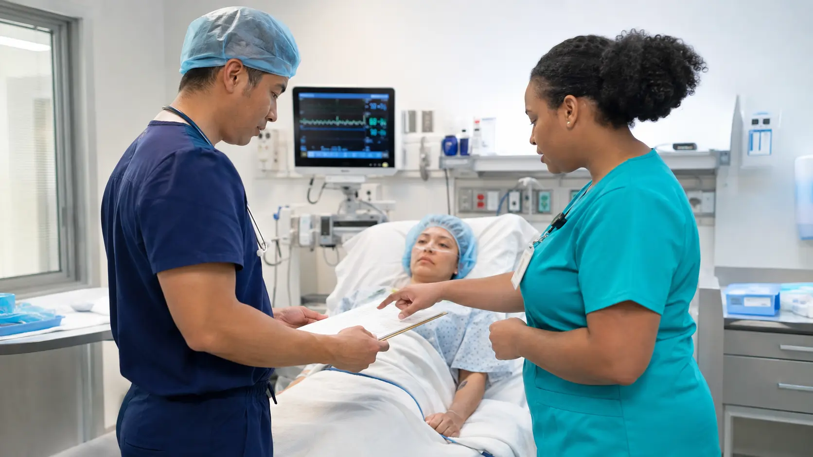 Anesthesia professional and perianesthesia nurse completing a structured handoff beside a monitored recovering patient