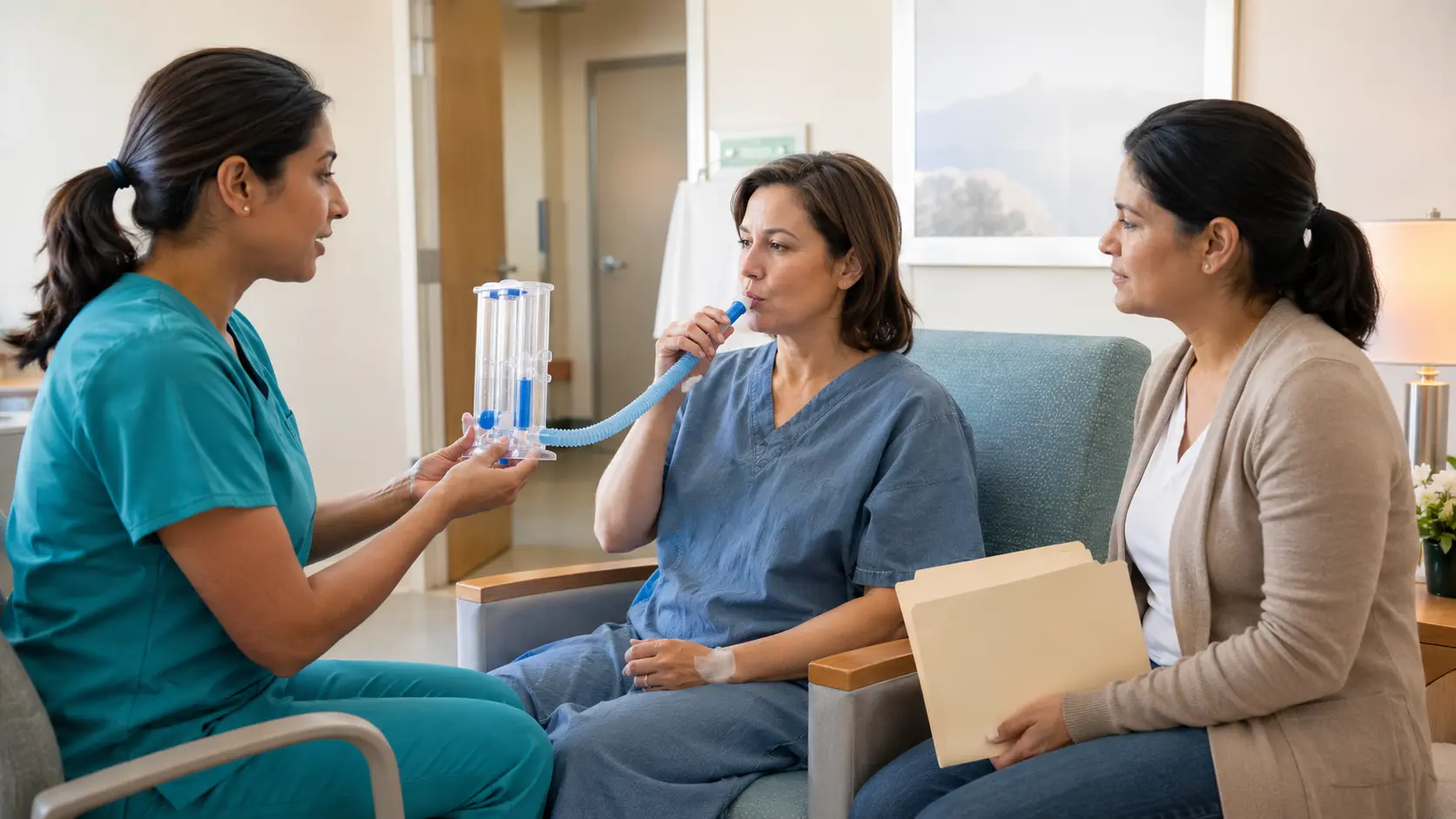 Perianesthesia nurse guiding an adult patient through breathing teach-back while a caregiver participates in discharge planning