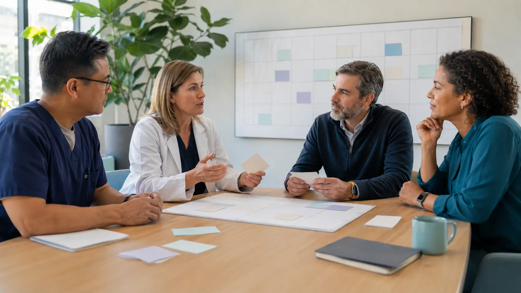 Four adults hold a respectful planning conversation around a blank calendar board in a bright administrative lounge.