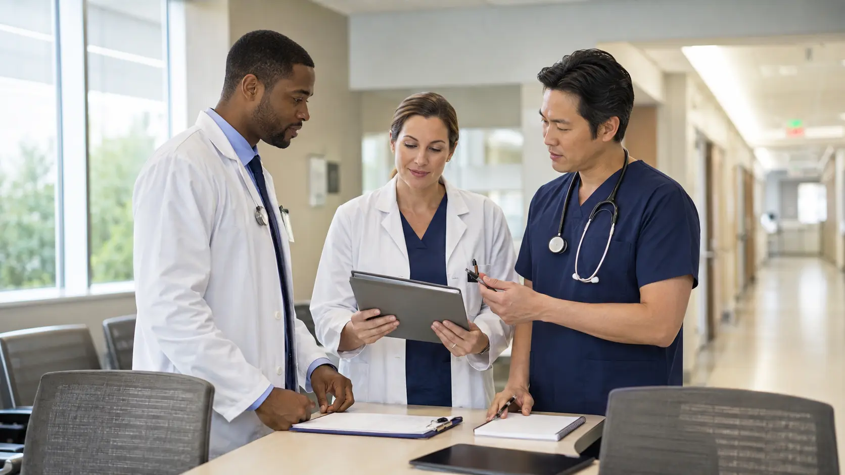 Three physicians verify a protected-transition handoff around a table in a bright hospital team room.
