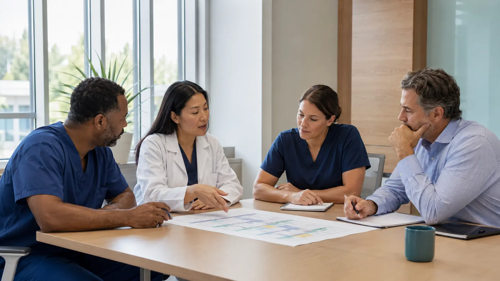 Four healthcare professionals hold a calm schedule-design listening session around a table in a bright meeting room.