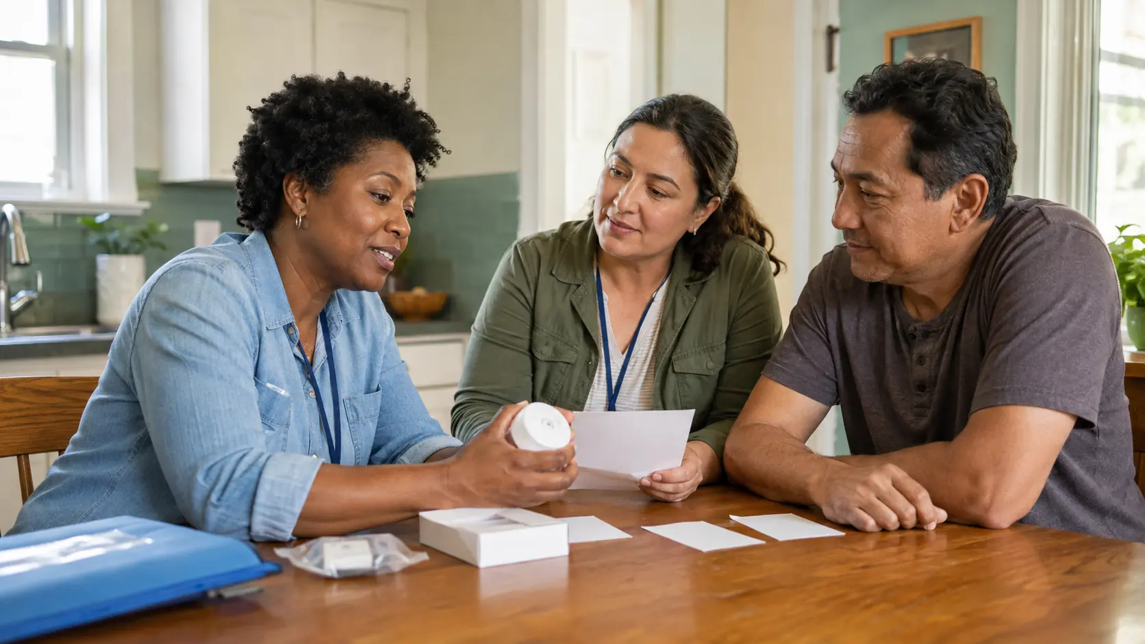 A community health worker and housing navigator explain a radon test kit and next steps to a resident at a bright kitchen table.