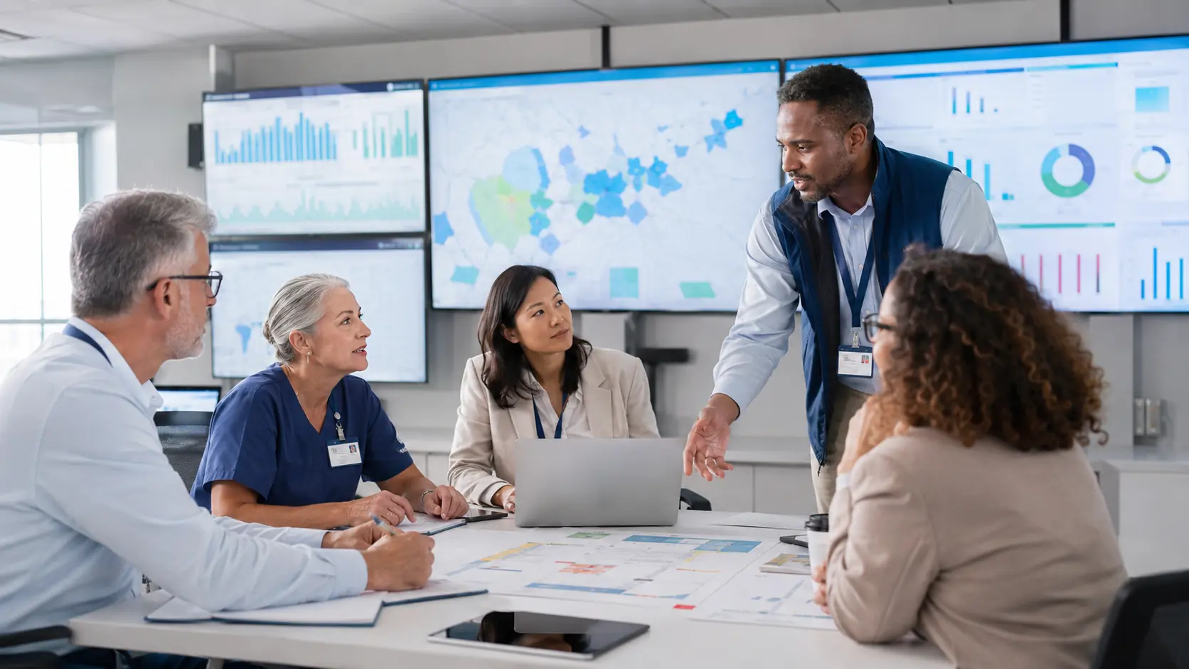 Facilities, occupational health, public health, community, and data leaders review radon testing and mitigation signals in a bright hospital operations room.