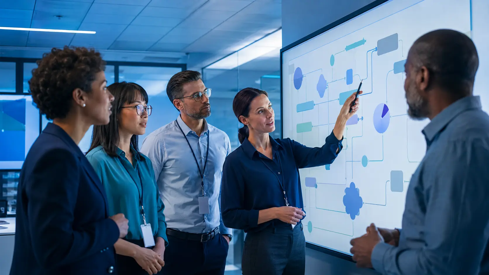 Healthcare operations, pharmacy, quality, and community leaders review an abstract HIV access pathway in a bright operations room.