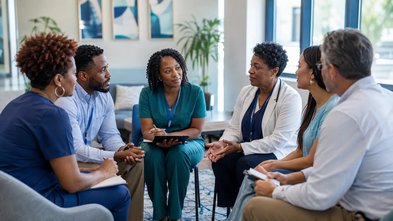 Community health workers, a clinician, and a community organization leader hold an equal-status planning huddle in a bright clinic.