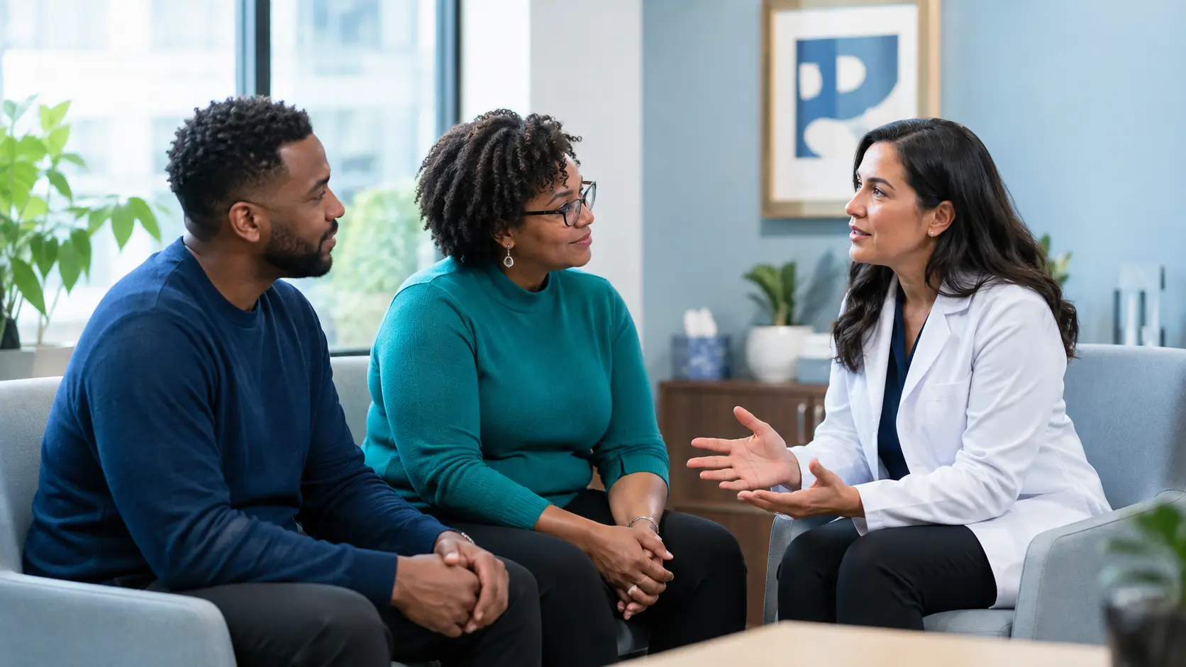 An adult patient, community navigator, and clinician hold a private shared-decision conversation in a bright consultation room.
