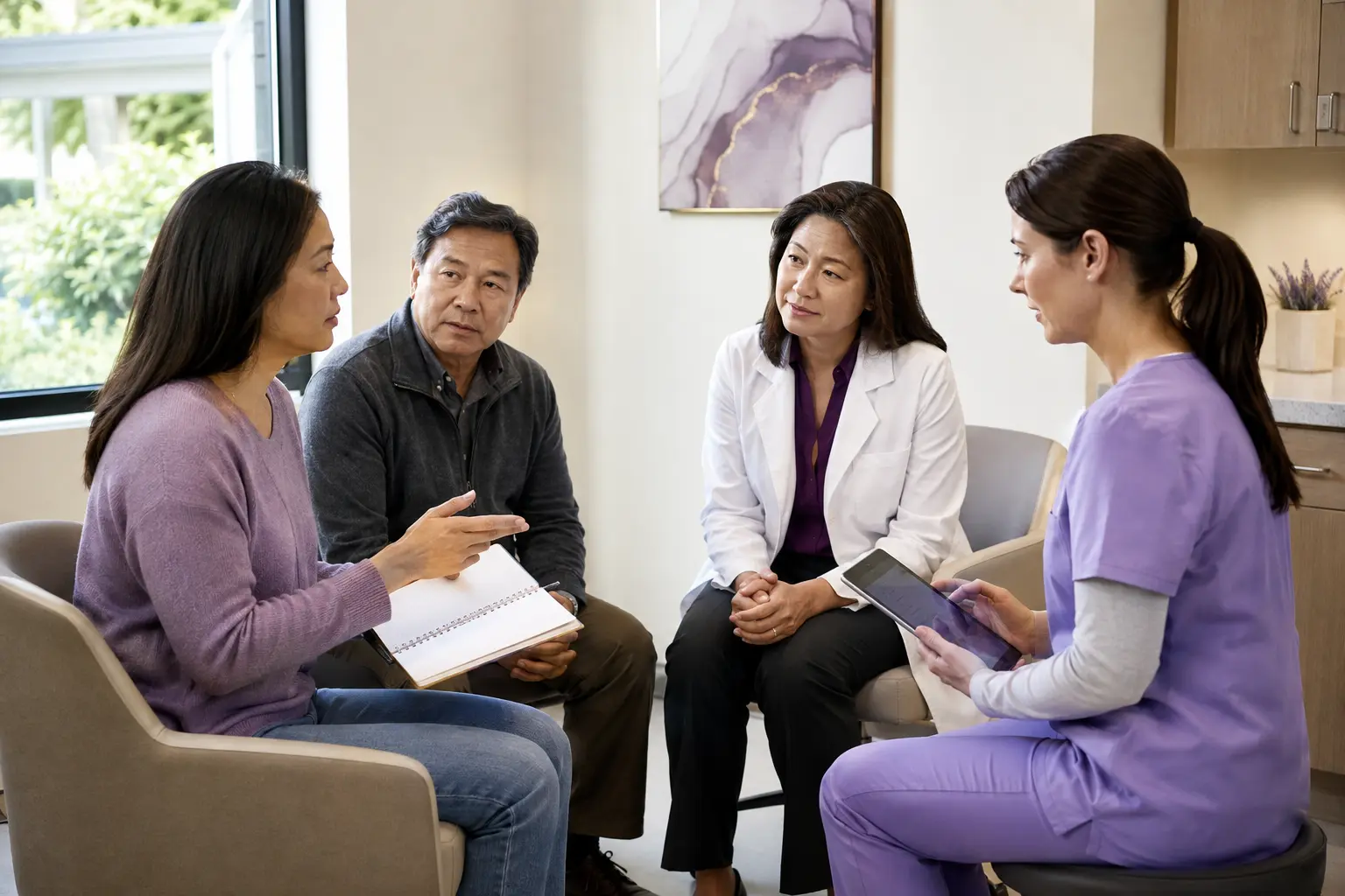 An adult patient holding a notebook speaks with a caregiver, hematologist, and hematology nurse in a bright consultation room.