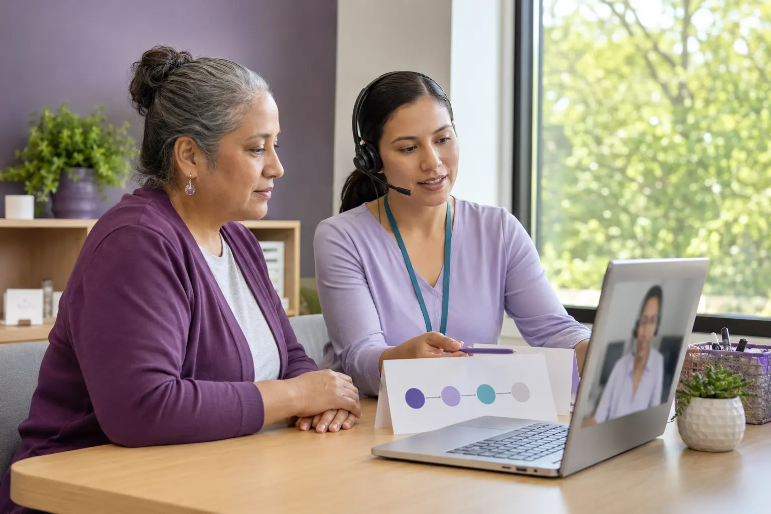 An older adult and a care navigator sit together at a laptop during a coordinated video call in a bright community health room.