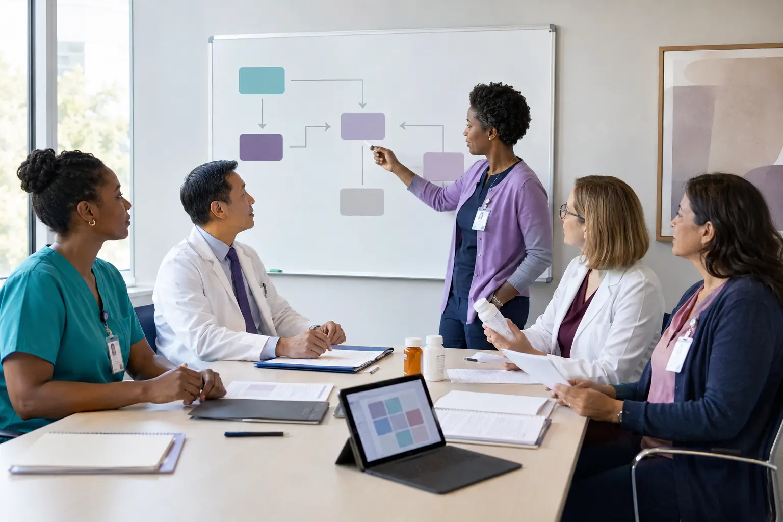 A multidisciplinary hospital team reviews a blank care-route diagram and neutral care materials around a conference table.
