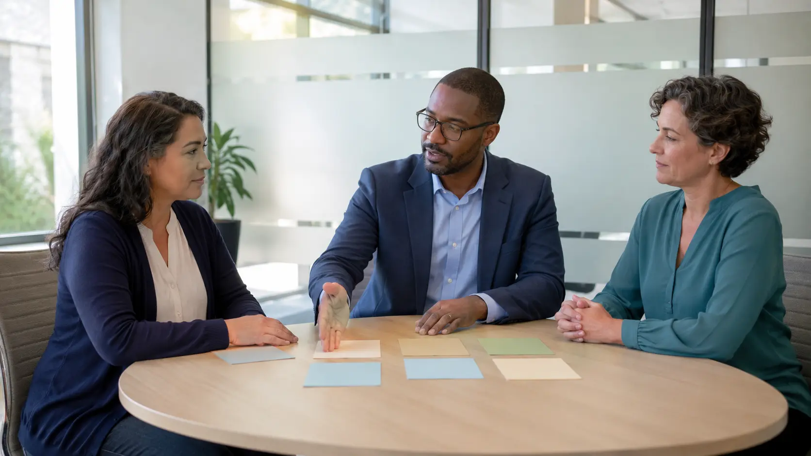 Three professionals meet privately around a table with blank workflow cards to coordinate a support handoff.