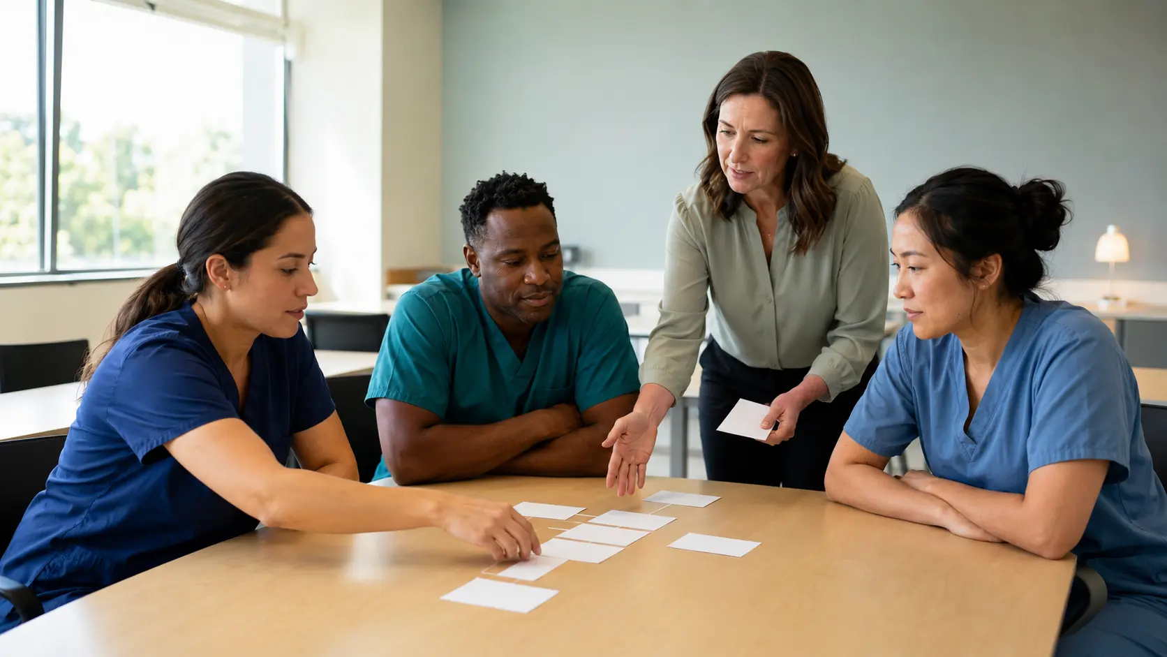 Four healthcare staff members practice a support workflow with blank cards in a bright education room.