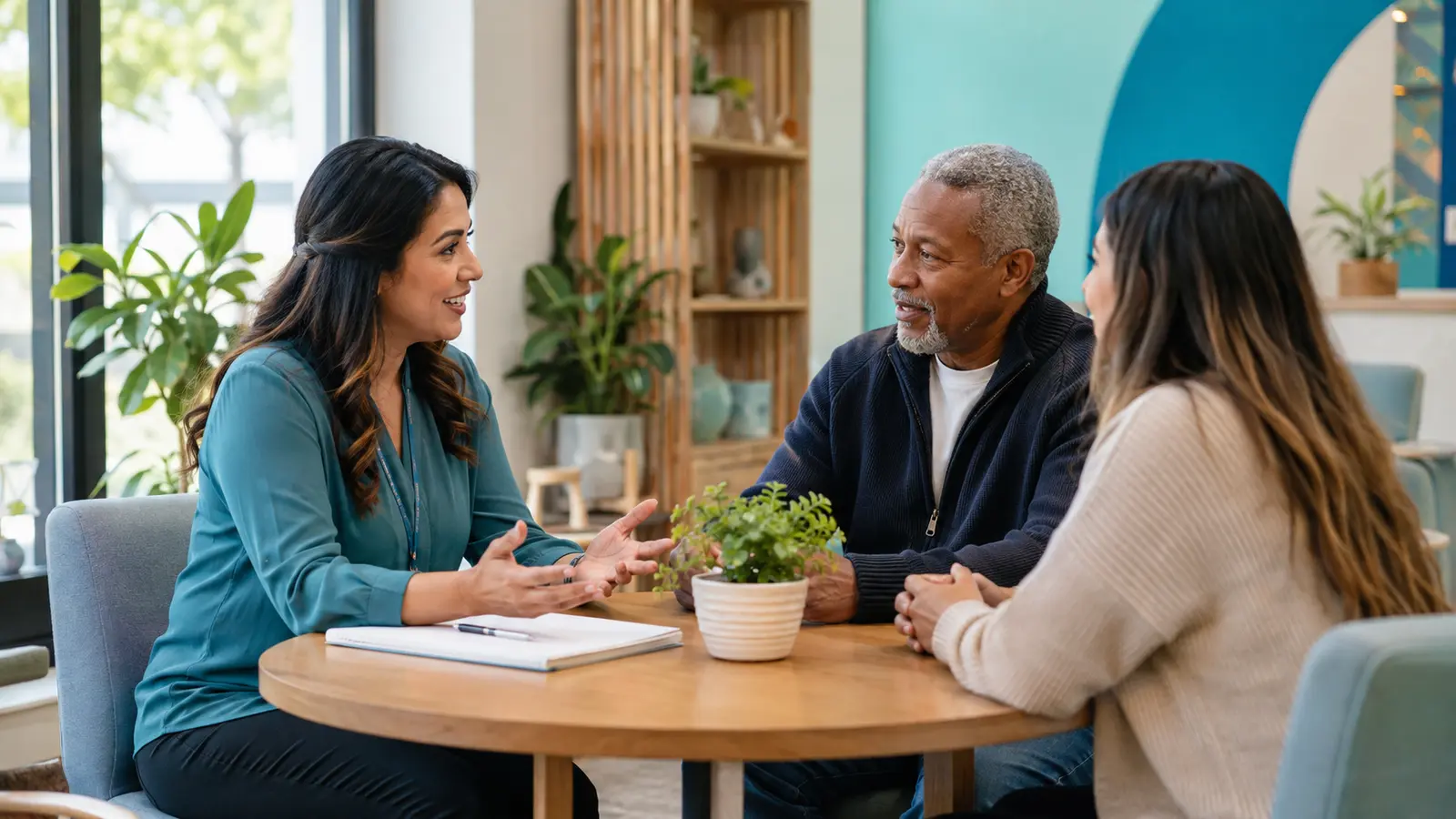A community health navigator speaking with two adults in a welcoming neighborhood health center.
