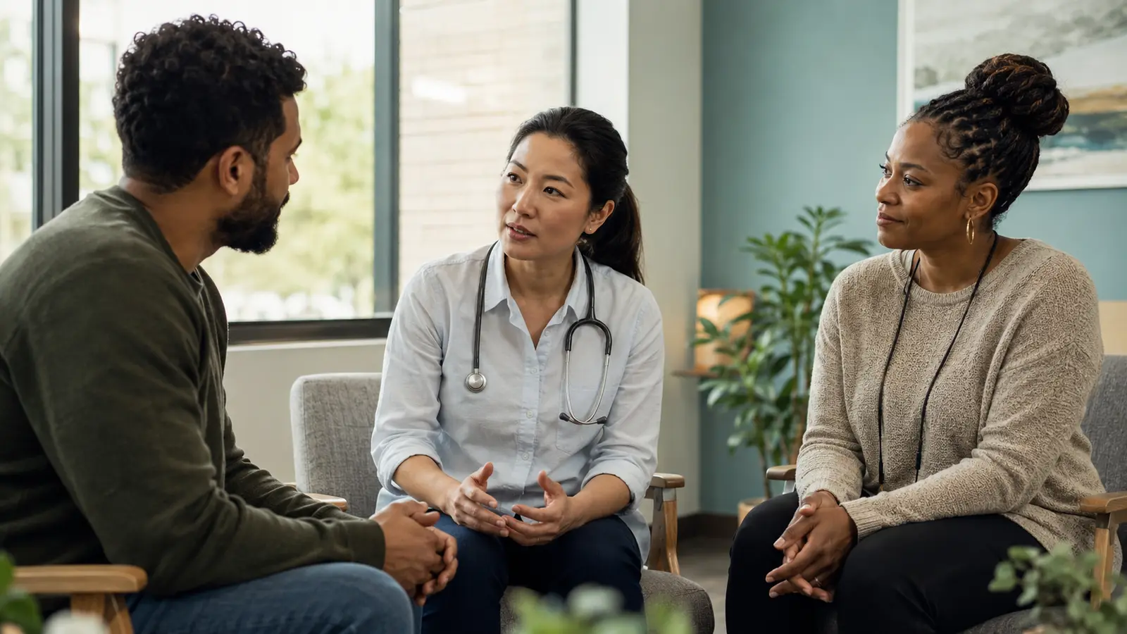 A patient, clinician, and peer recovery specialist having a respectful care-planning conversation in a bright hospital consultation space.