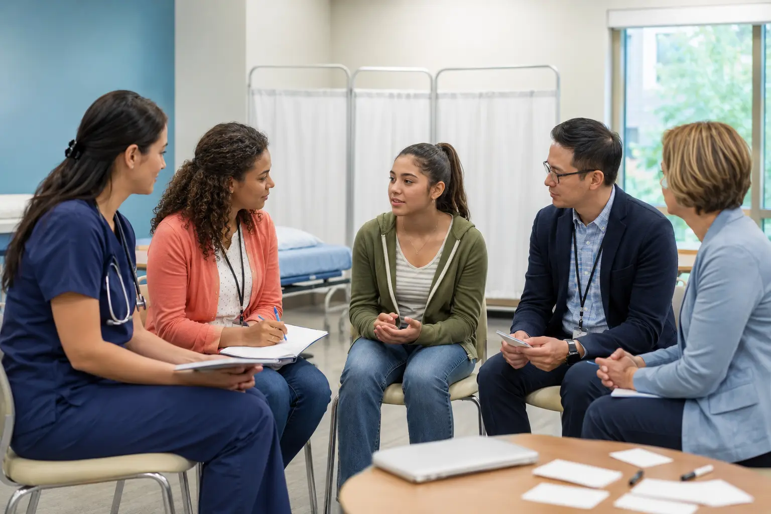 A teenager participates in a multidisciplinary healthcare team’s coordinated handoff simulation.