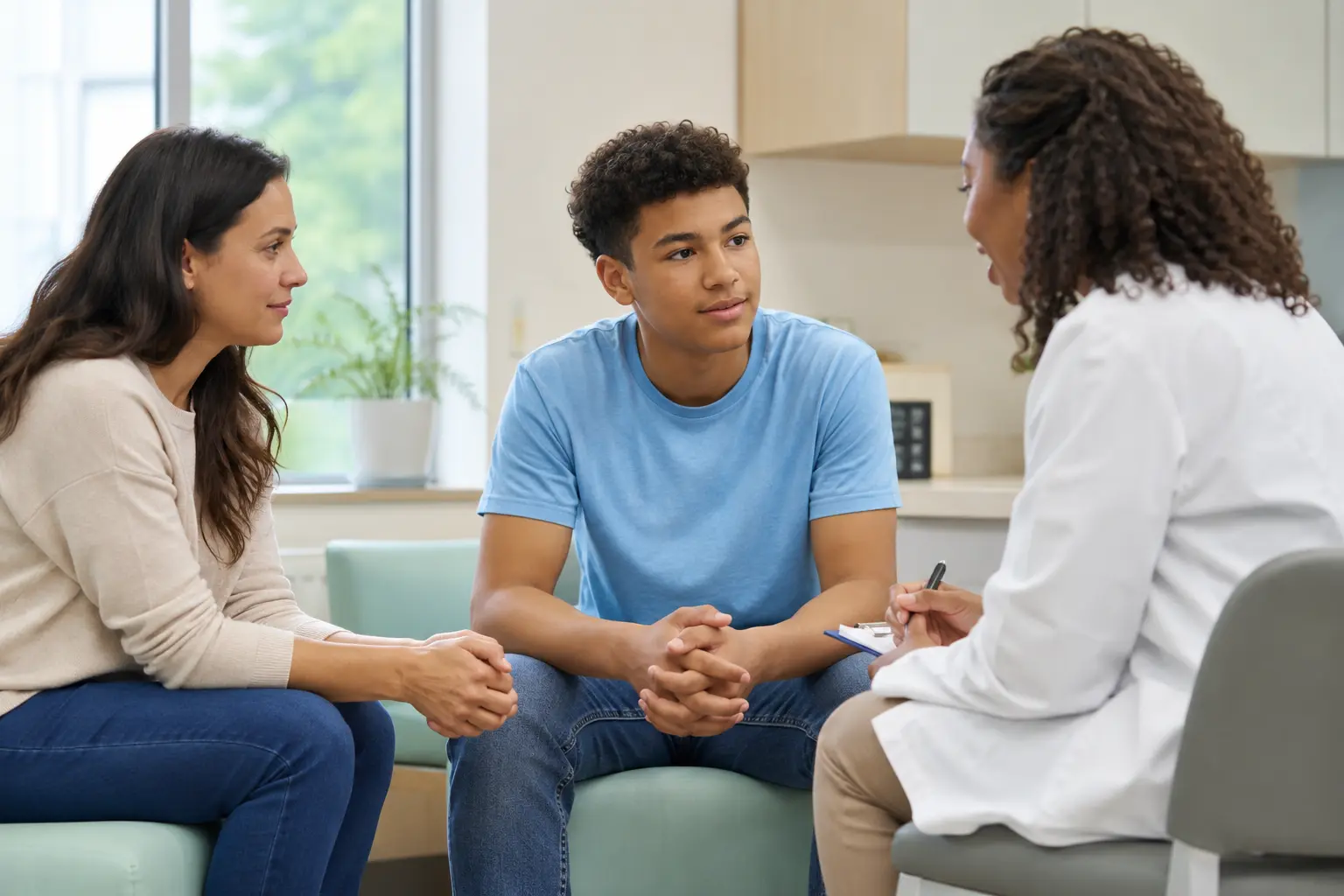 A teenager speaks with a clinician and youth advocate in a bright, private healthcare setting.