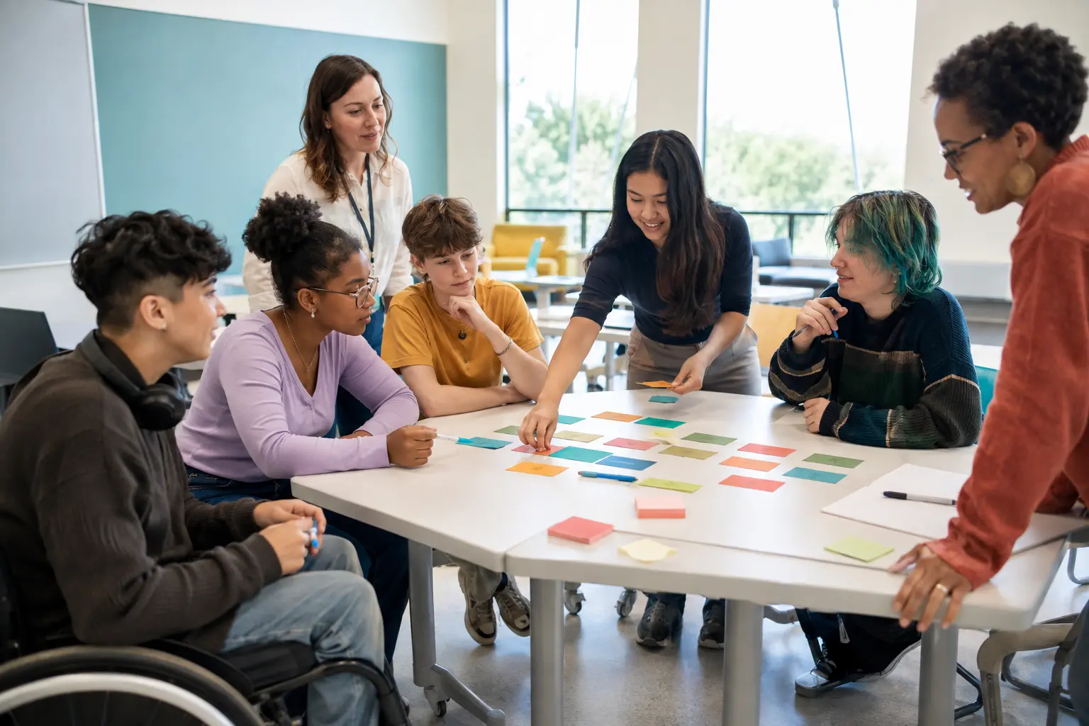 A diverse group of teenagers leads a co-design session with adult facilitators in a bright community room.