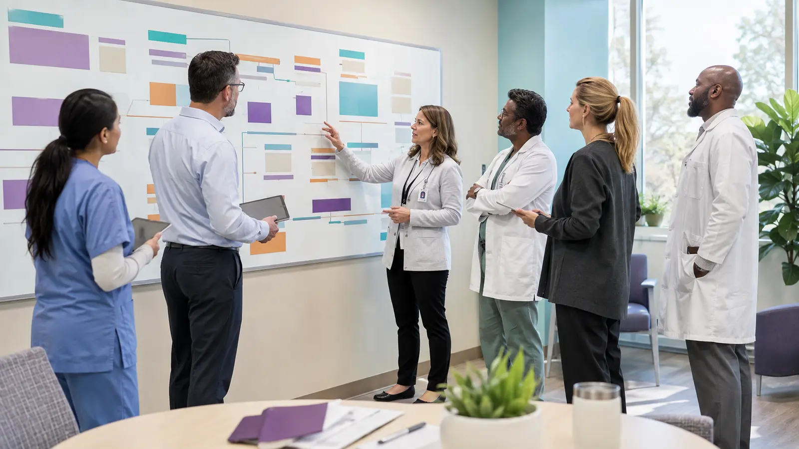 A cross-functional healthcare team holds an implementation huddle beside an abstract planning board.