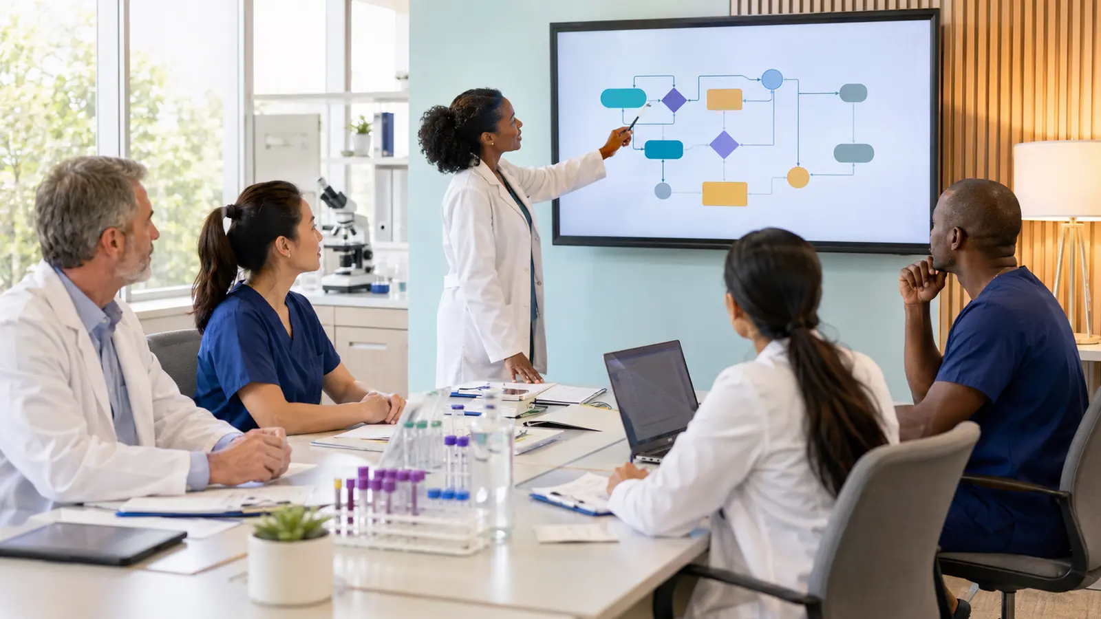 A diverse laboratory and primary-care team reviews a thyroid testing pathway beside an abstract process display.