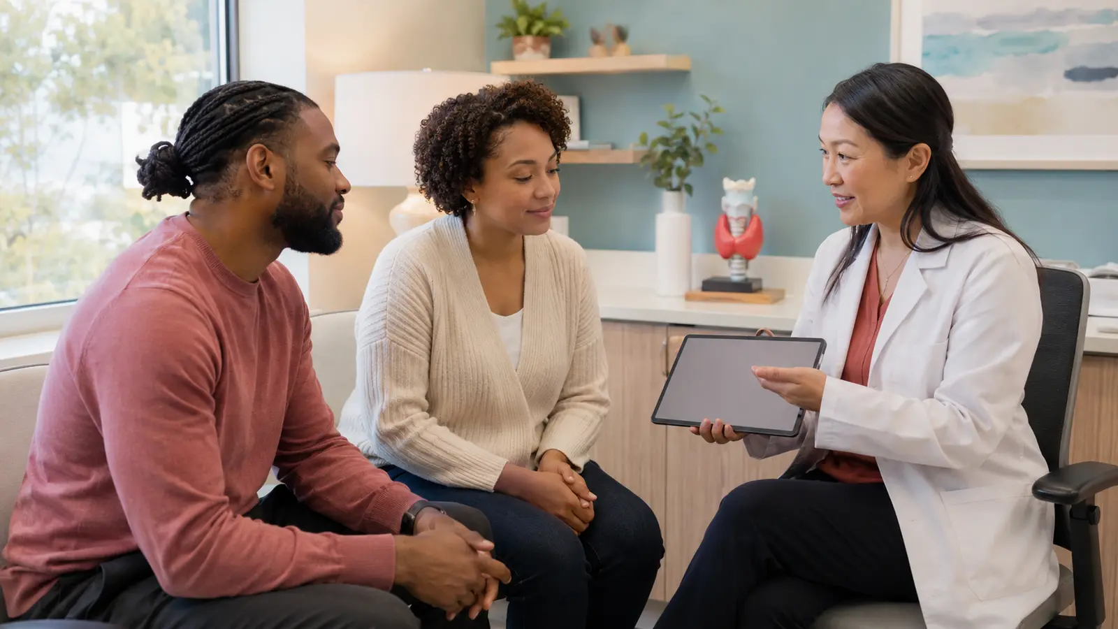 An adult patient and support person speak at equal eye level with an endocrinology clinician during a shared-decision visit.