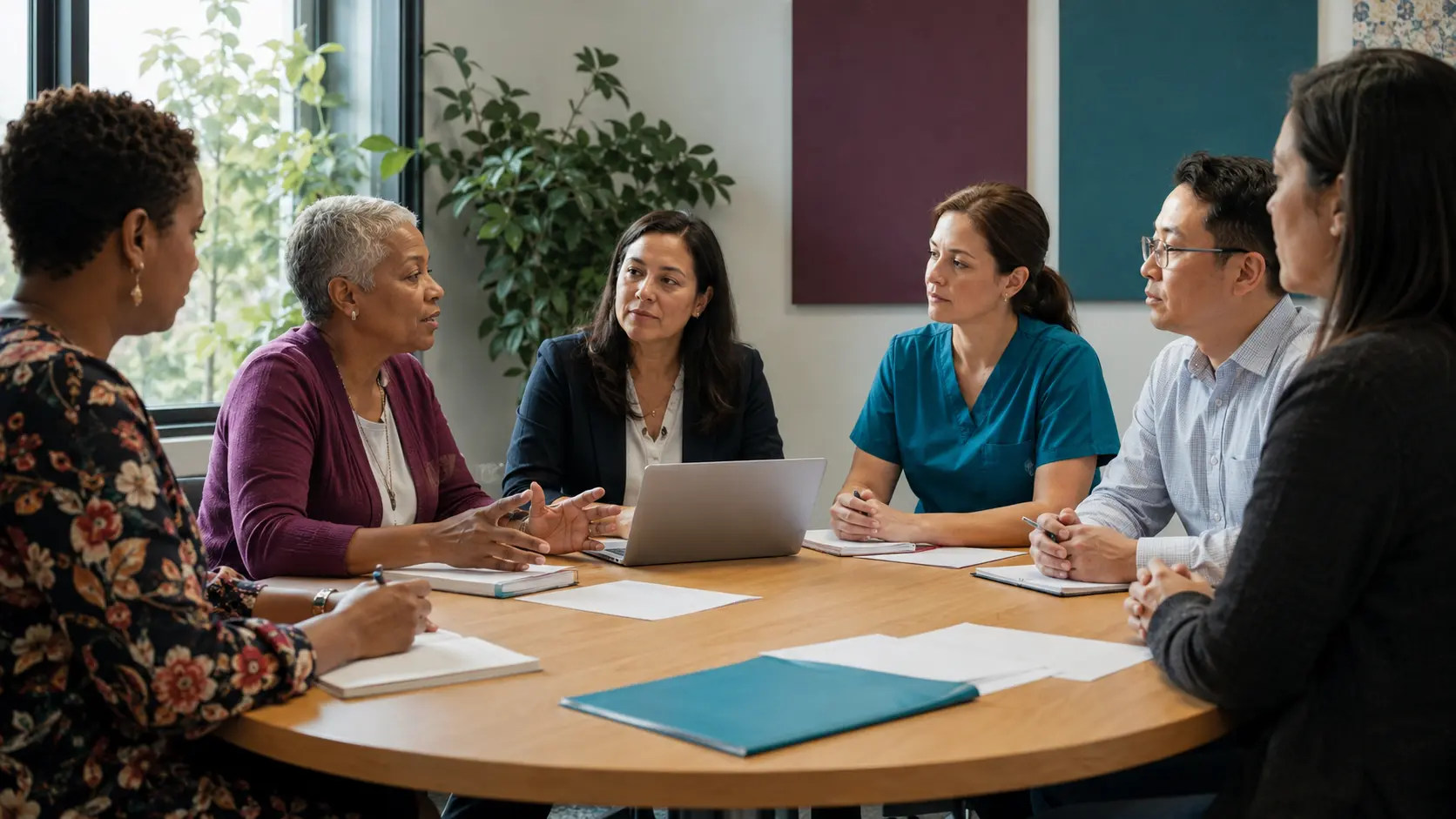 A fictional community advisory group and oncology research team collaborating around a round table