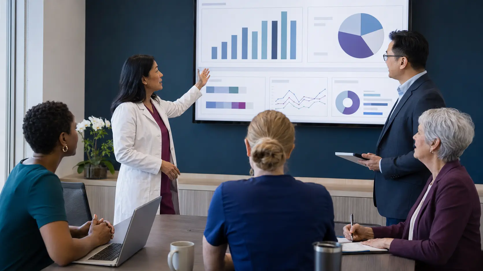 A fictional patient advocate, oncology team, and data leader reviewing abstract charts together