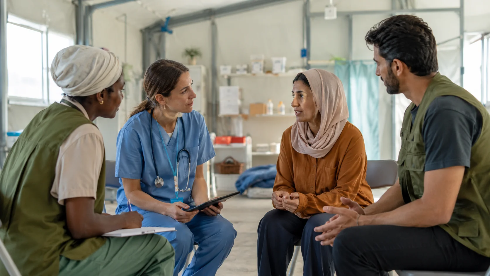 A community health worker, clinician, locally trusted partner, and adult caregiver hold a respectful care-navigation conversation in a bright modular clinic.