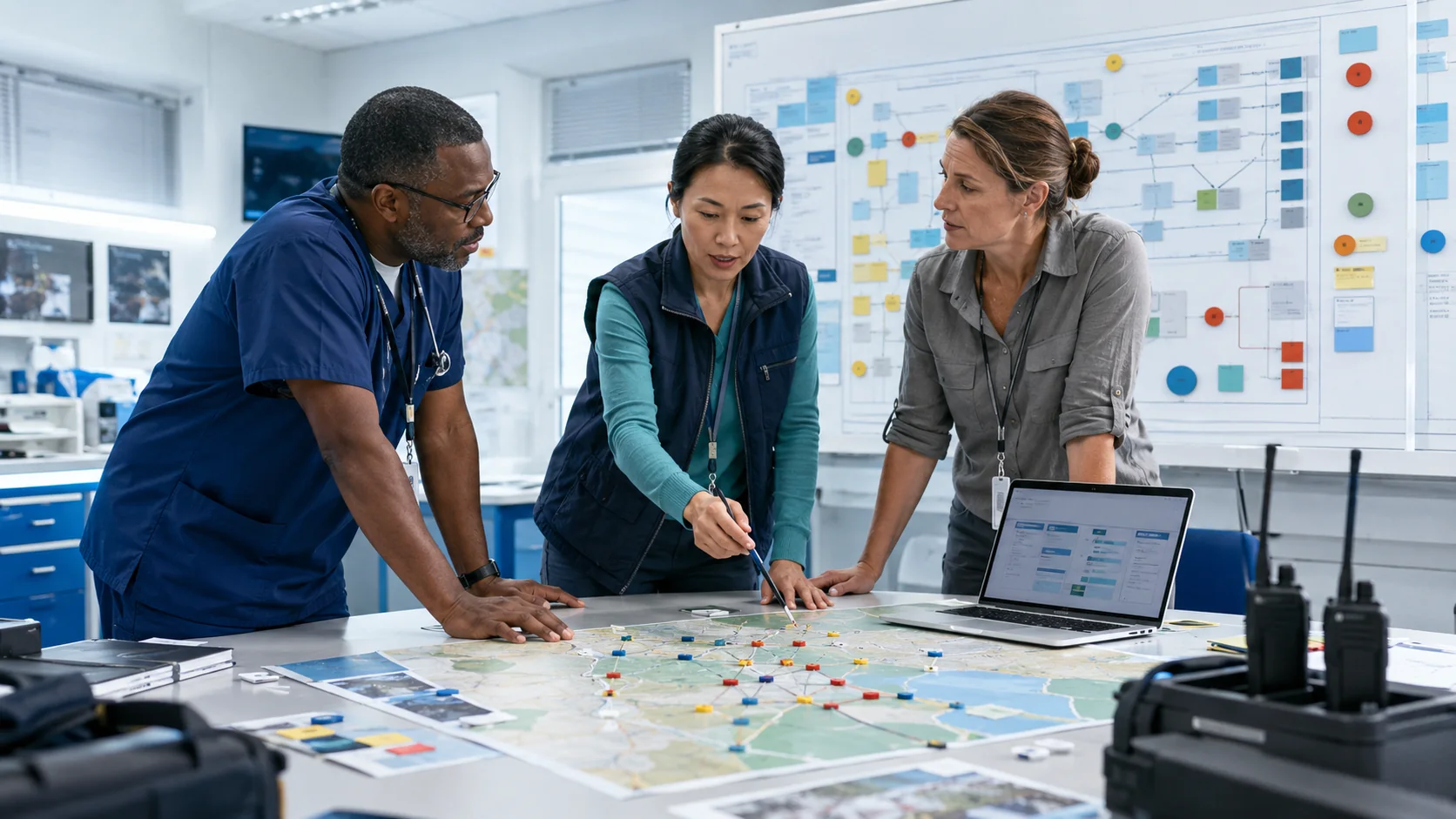 A healthcare operations leader, logistics lead, and locally based partner review supply and referral dependencies in a bright operations room.
