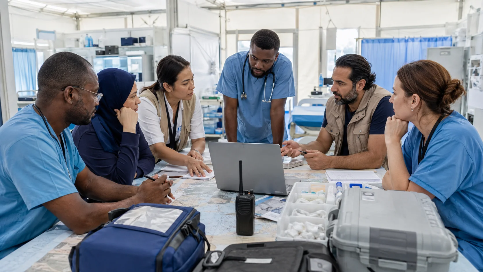 A diverse humanitarian health team coordinates around maps, a radio, a laptop, and medical supplies in a bright temporary field clinic.