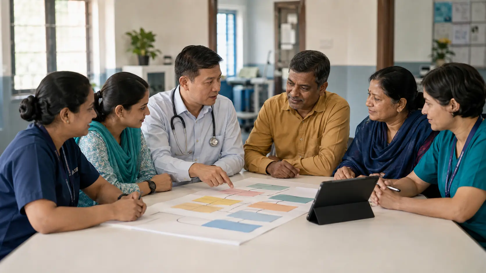 A patient and family support person join clinicians and rehabilitation staff in a multidisciplinary care-path huddle