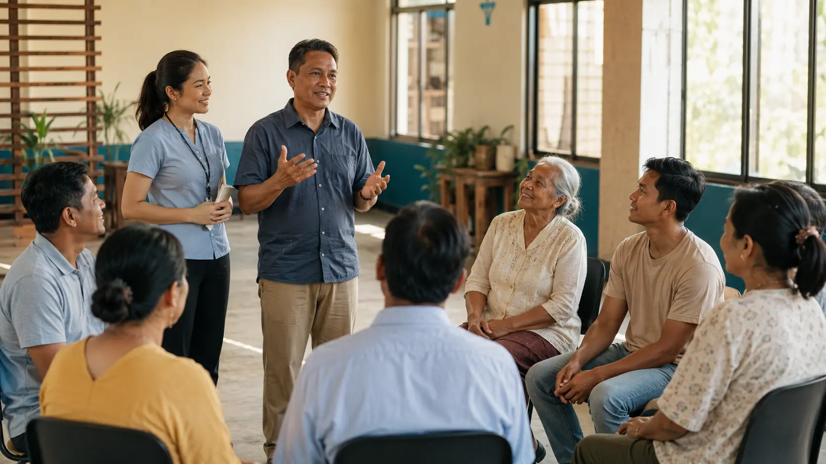 A person with lived experience and a community health worker lead an inclusive neighborhood education discussion