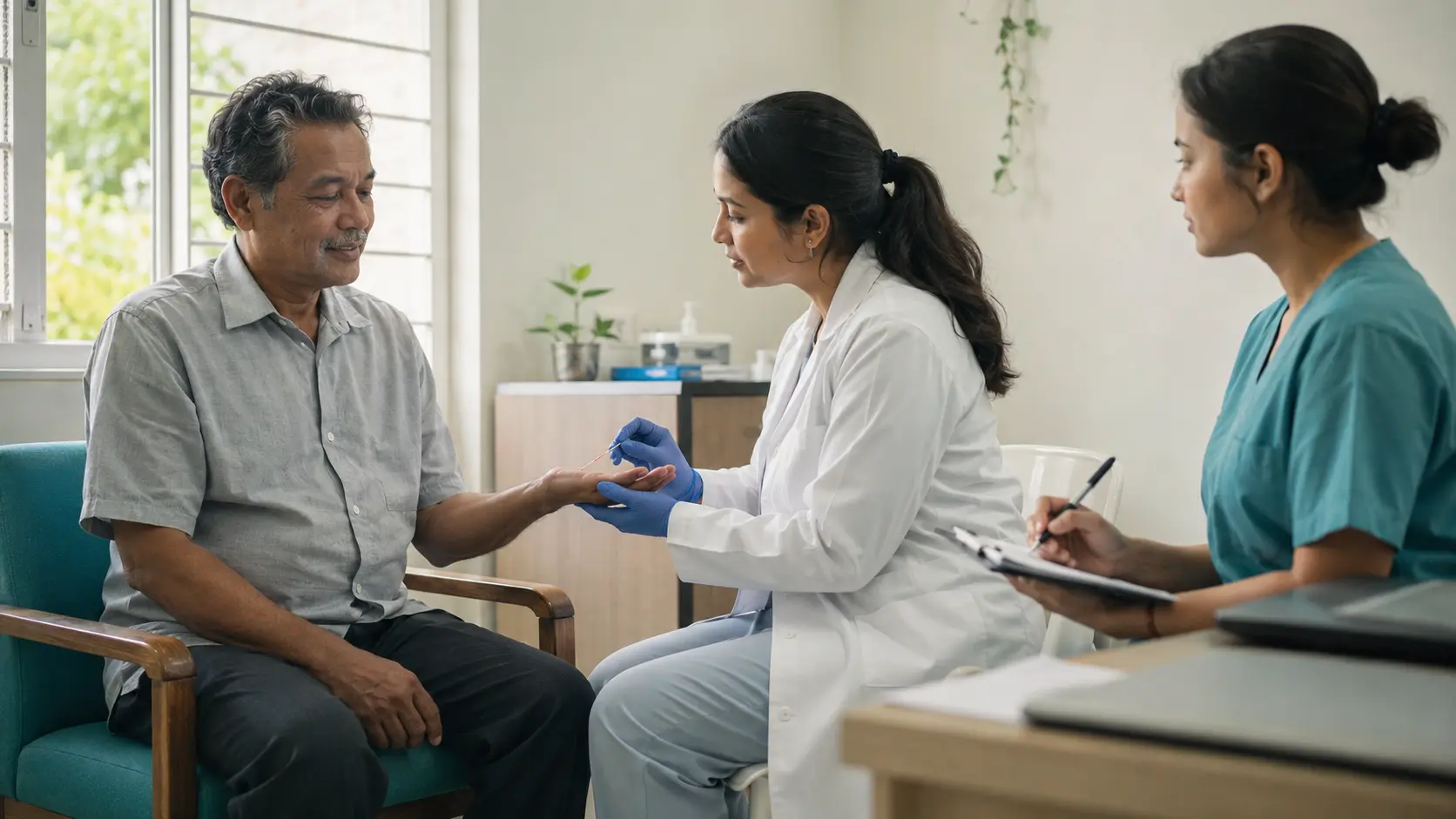 A patient participates in a respectful hand-sensation assessment with a clinician while a nurse documents the visit