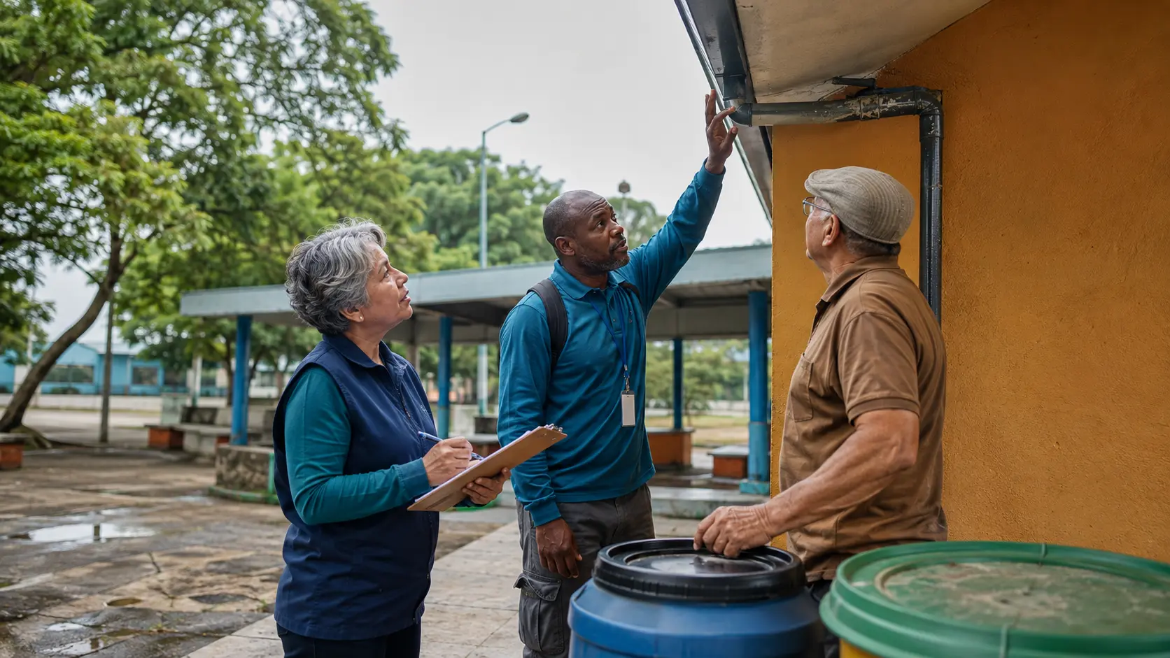 A community health worker, environmental health professional, and resident inspect gutters and covered water containers at a public community facility.