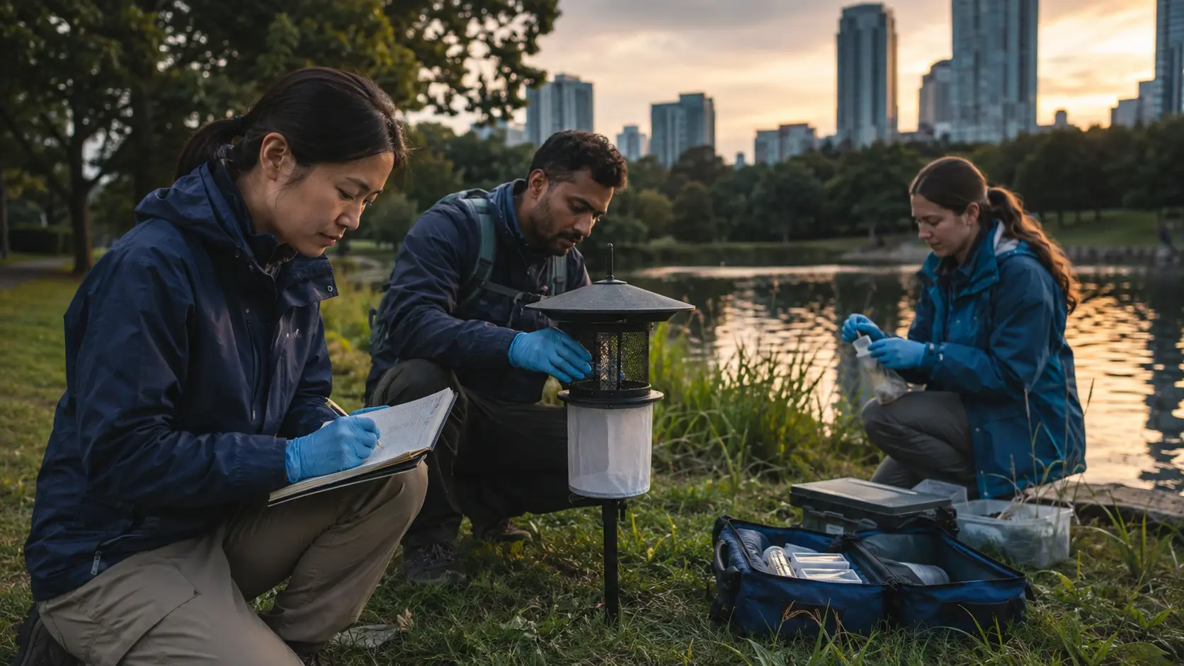An environmental health field team safely checks a mosquito monitoring trap and prepares a sealed sample beside an urban park wetland.