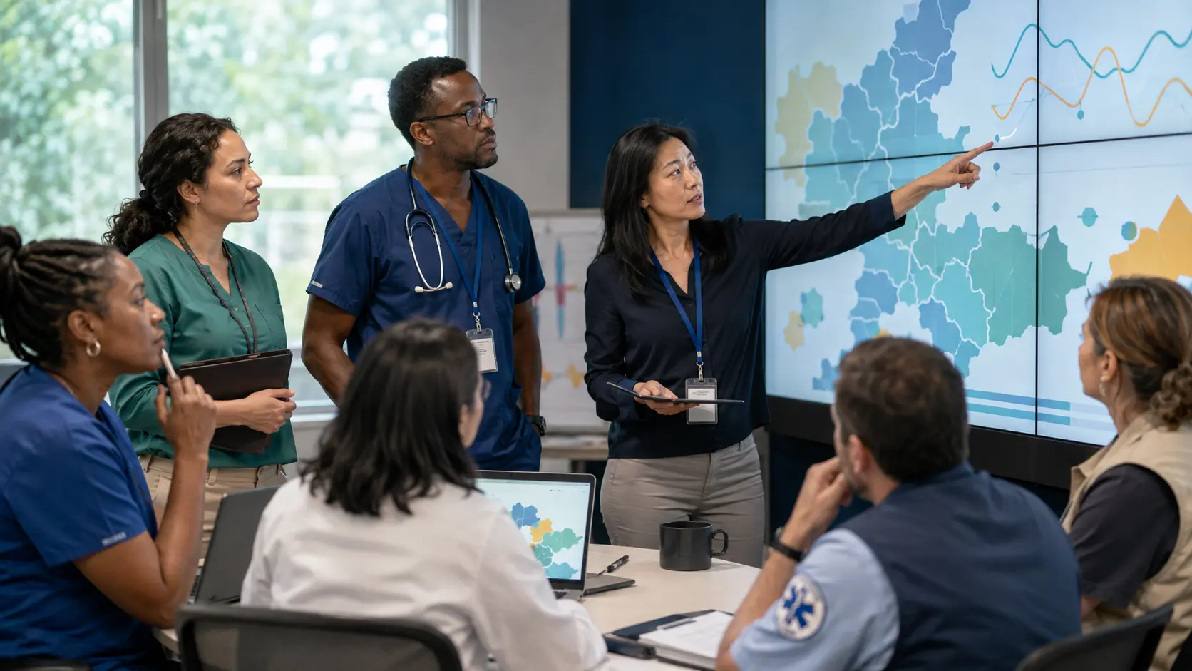 A multidisciplinary healthcare and public health team reviews an abstract map and trend display during a calm operations huddle.