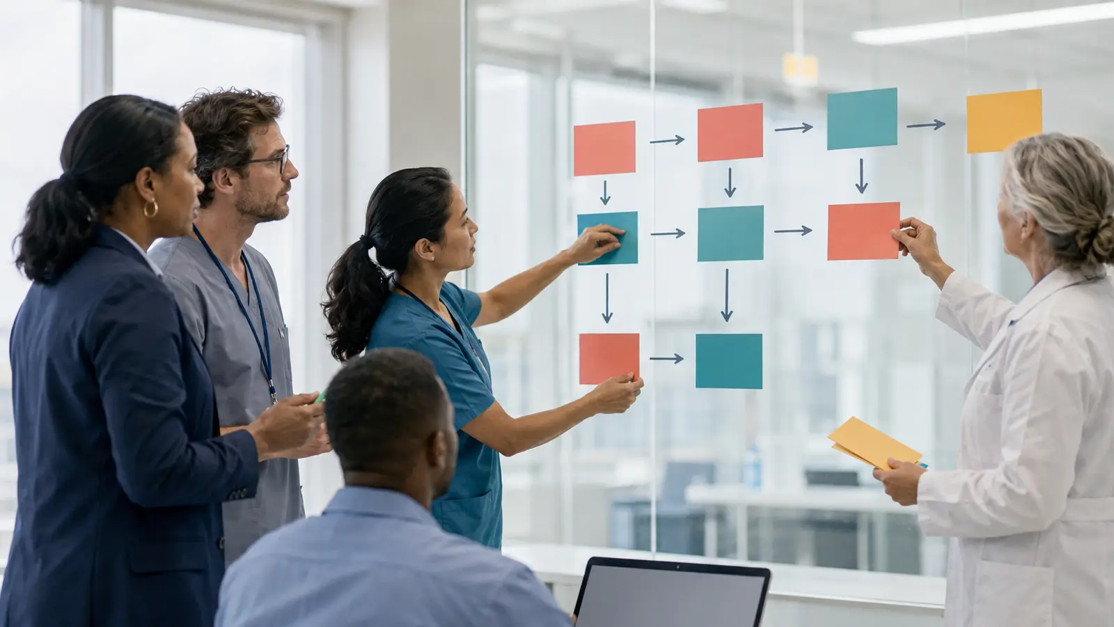 Healthcare leaders and frontline professionals map a closed-loop exposure-response pathway on a glass wall.