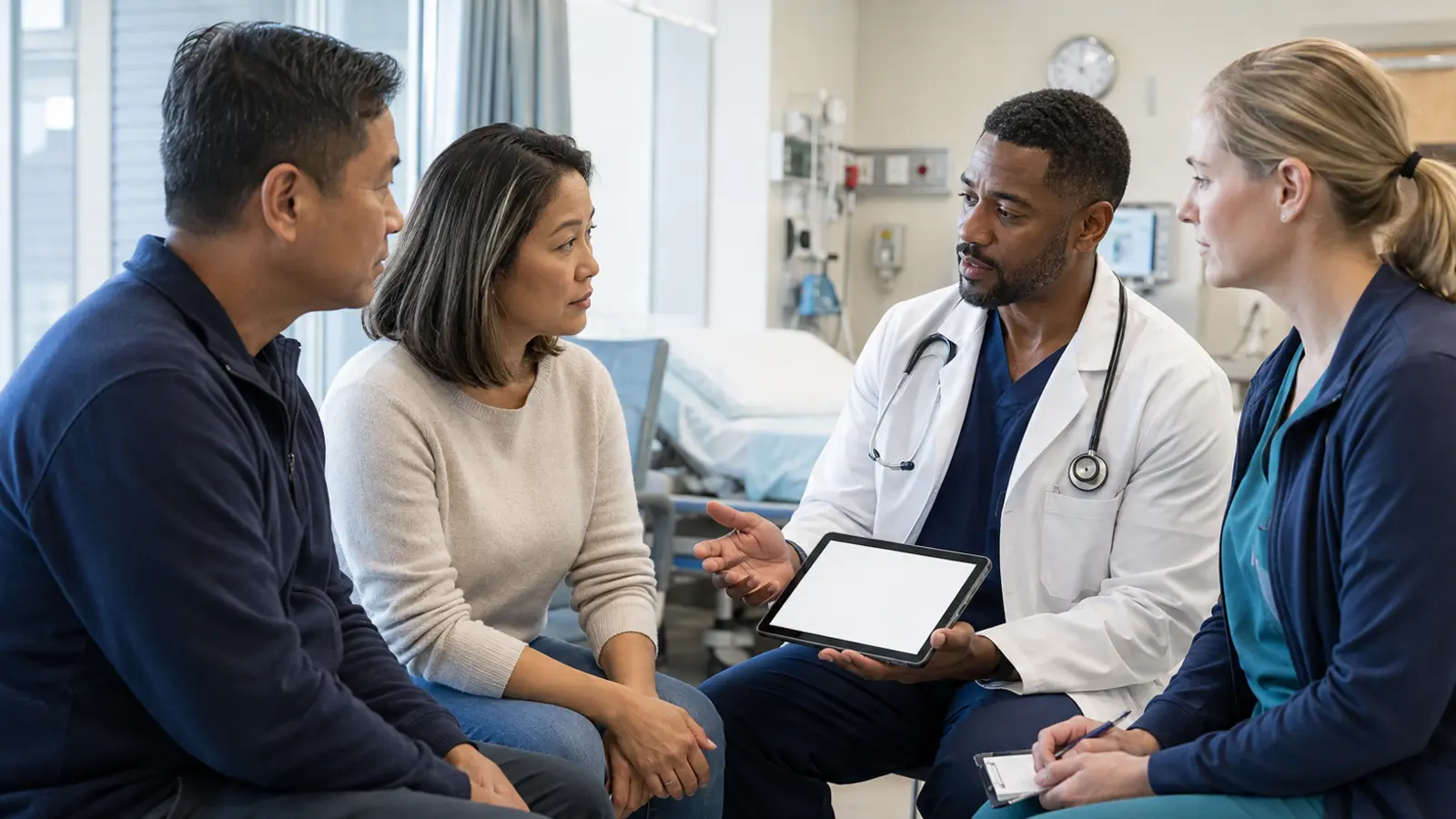 A patient and caregiver speak with a physician and clinical pharmacist during a calm exposure-assessment conversation.