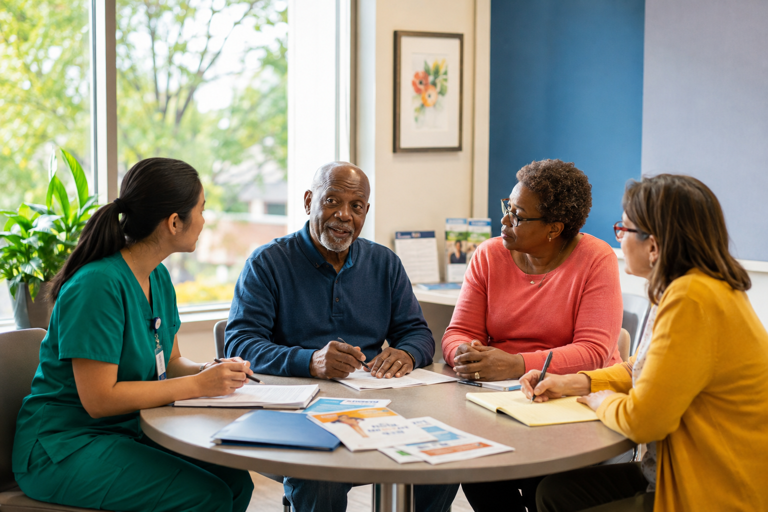 A diverse care team and community support professional coordinating a transition plan around a shared table.