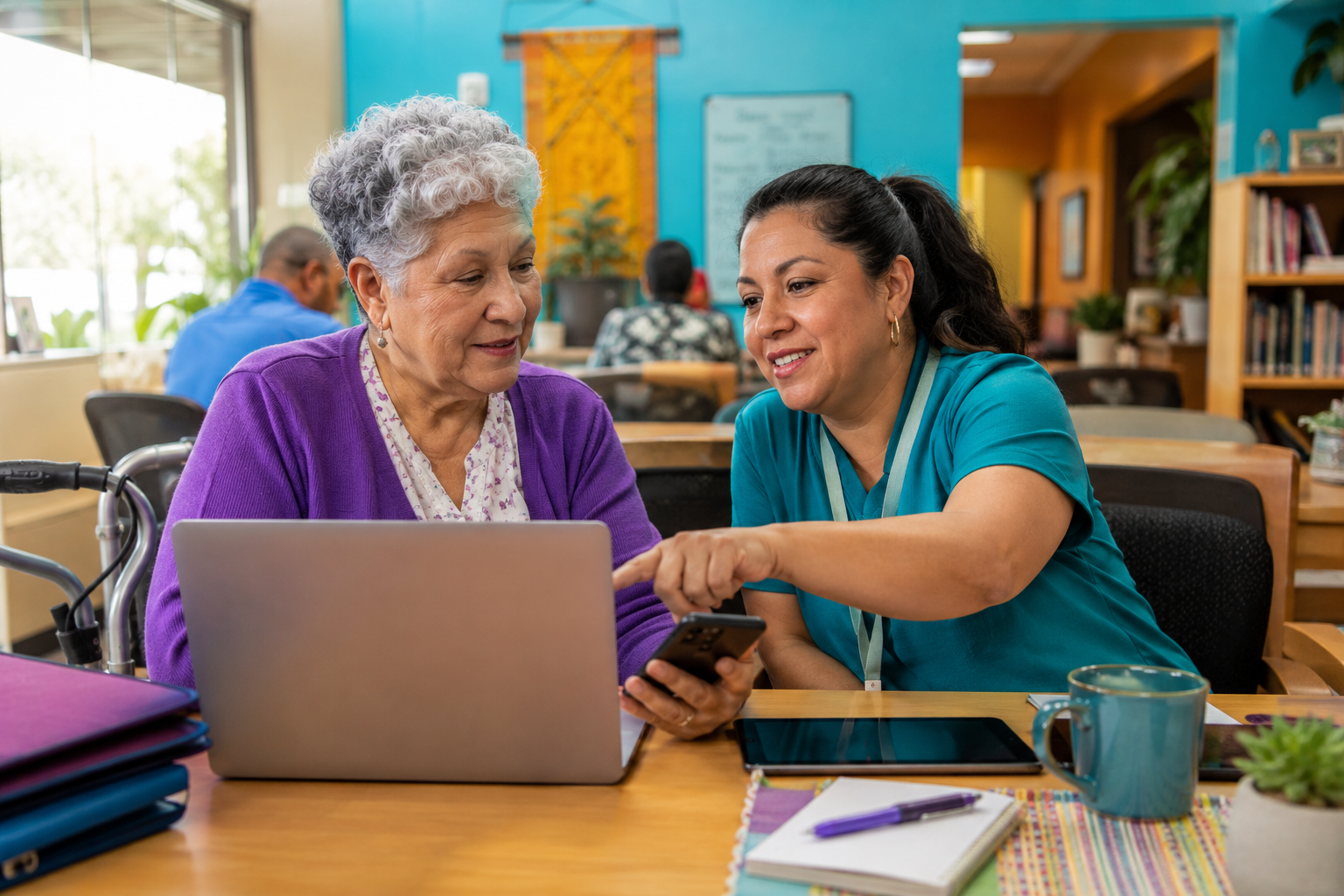 An older adult using a tablet with calm guidance from a digital navigator in a welcoming community setting.