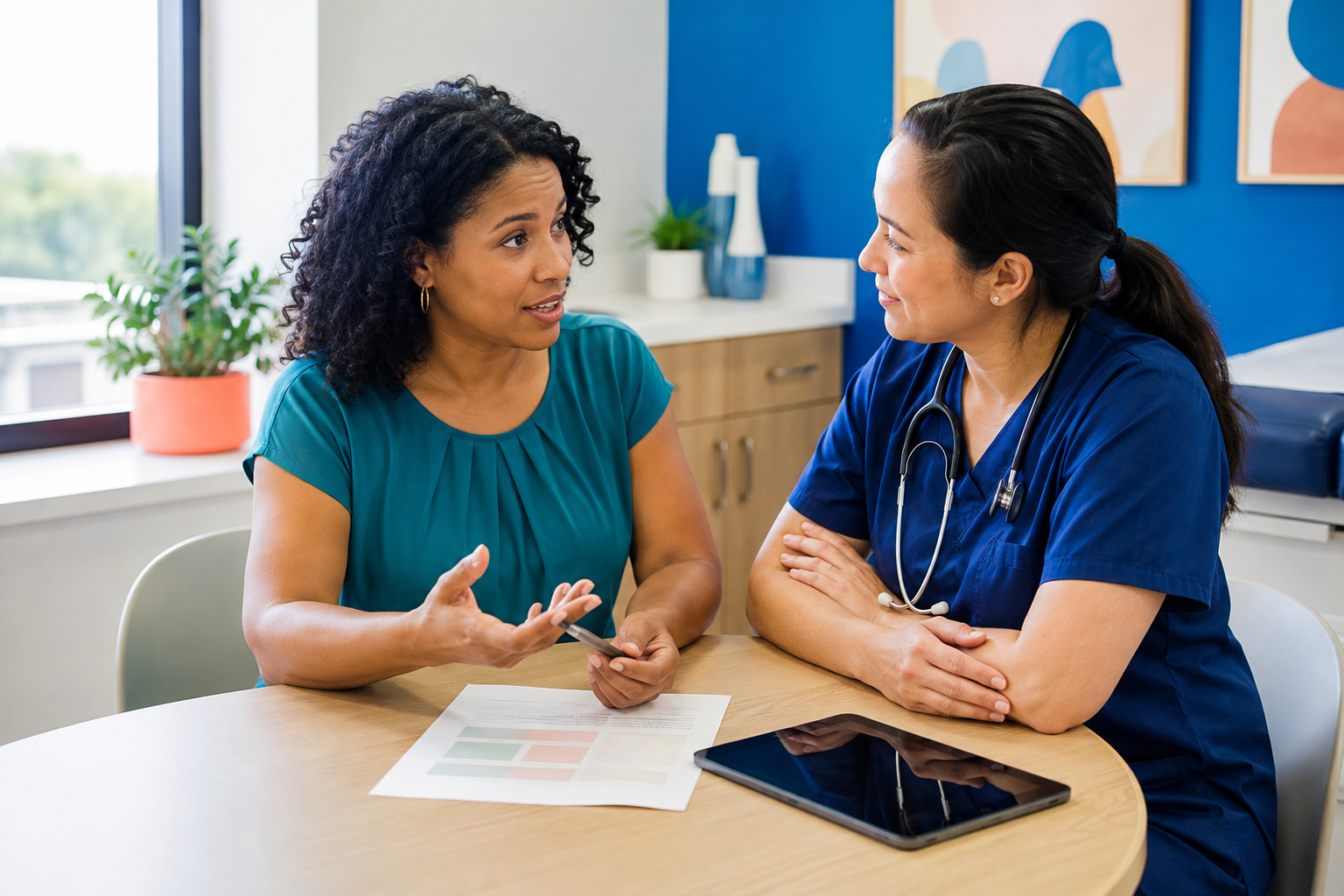A patient and clinician seated at equal eye level reviewing a care plan together in a bright clinical setting.