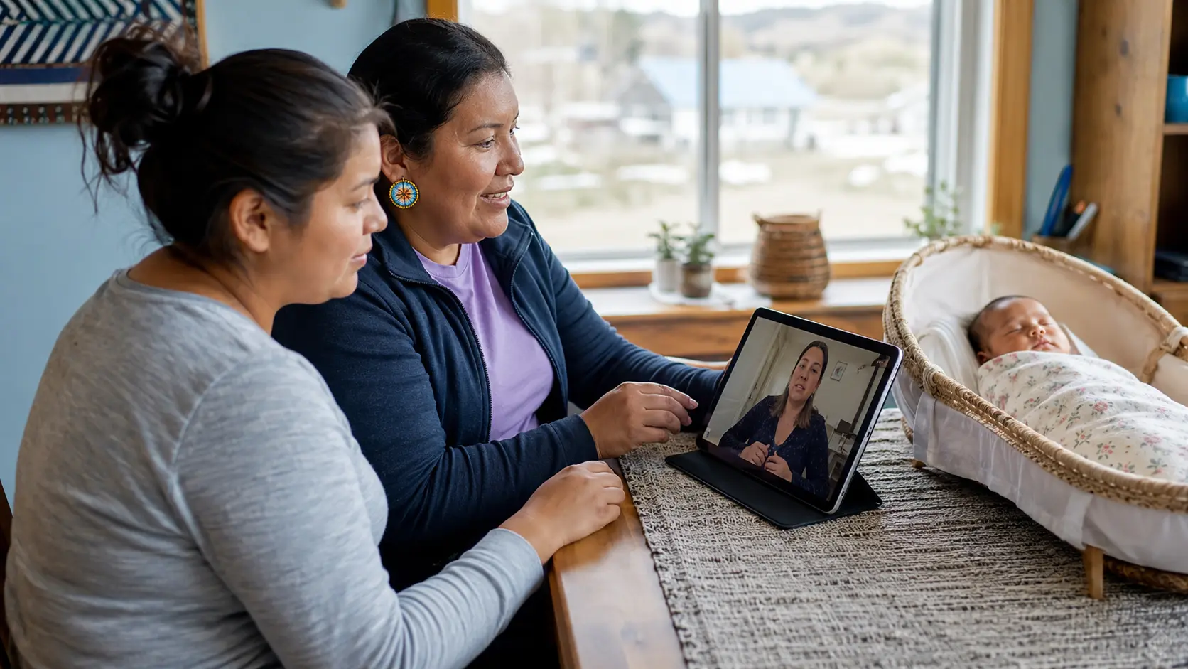 Illustrative parent and infant receiving telehealth lactation support with an in-person community navigator present.