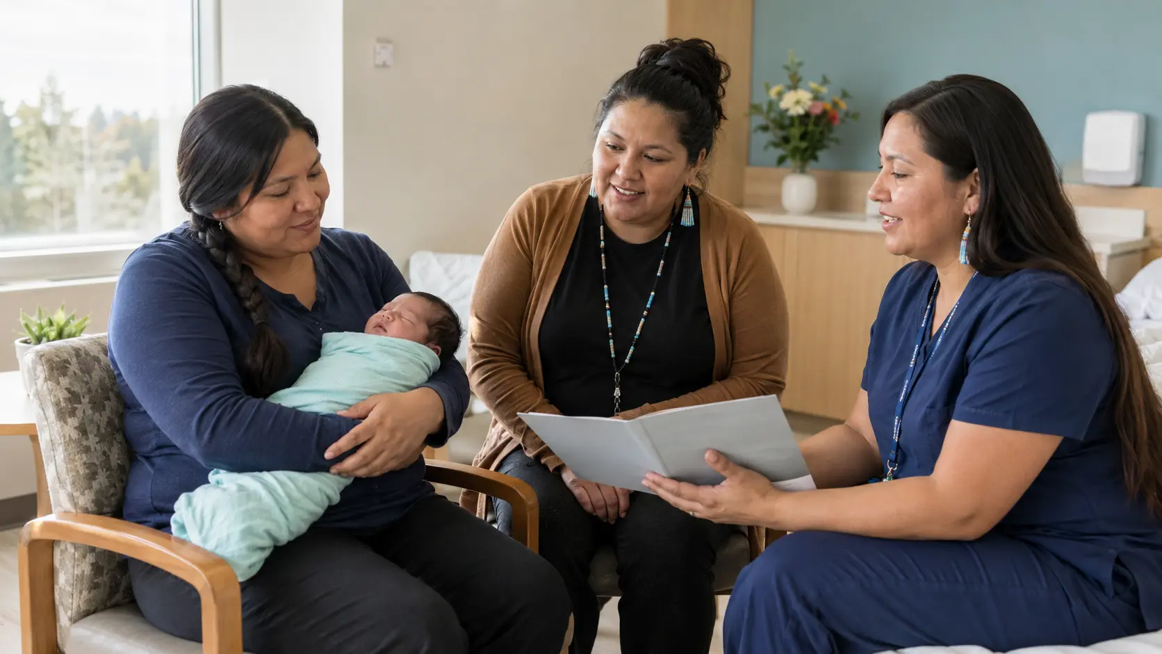 Illustrative postpartum parent with a swaddled newborn during a coordinated handoff between a community birthworker and hospital lactation clinician.