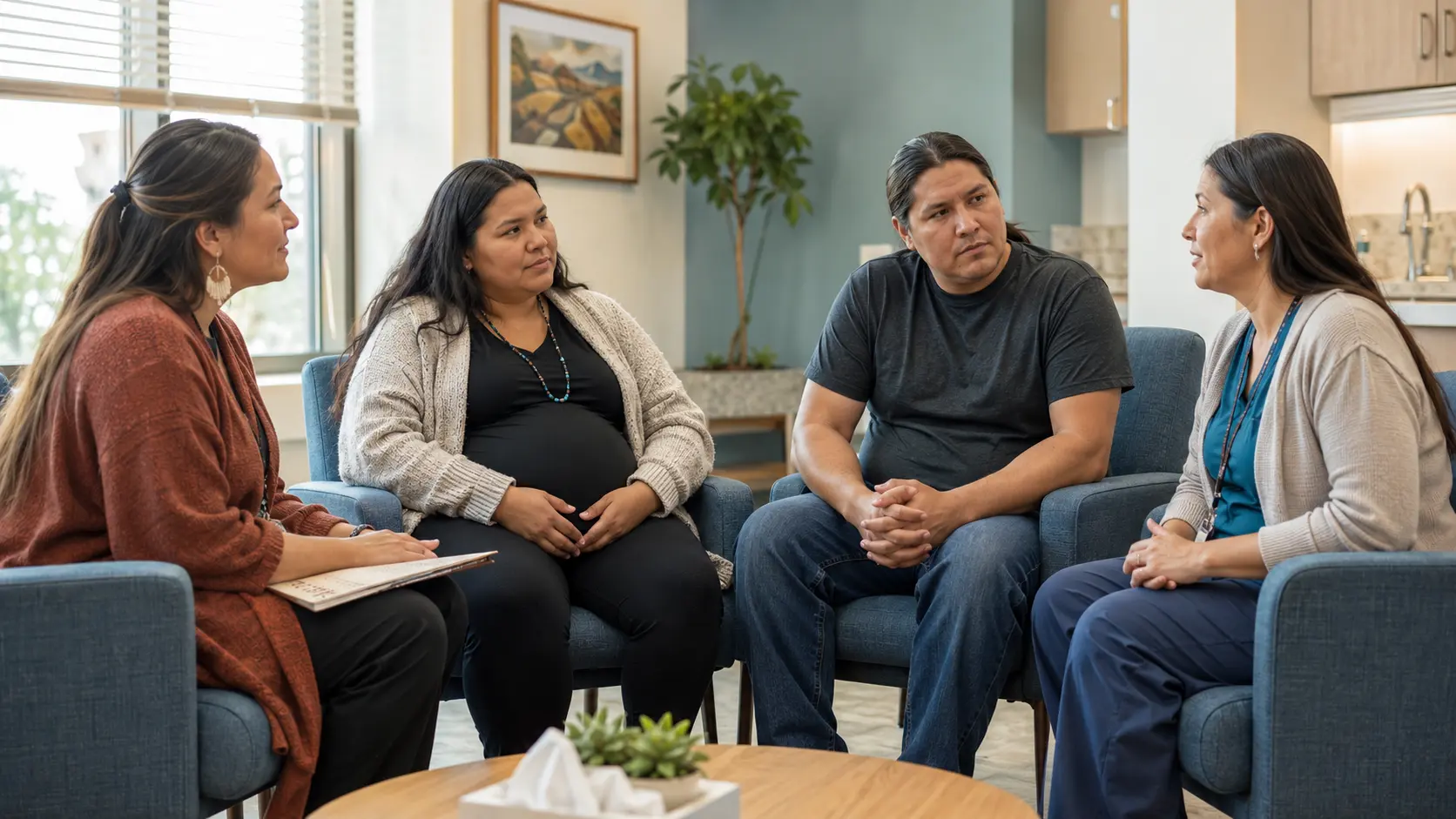 Illustrative contemporary prenatal care meeting with an Indigenous family, community representative, and clinician planning support together.