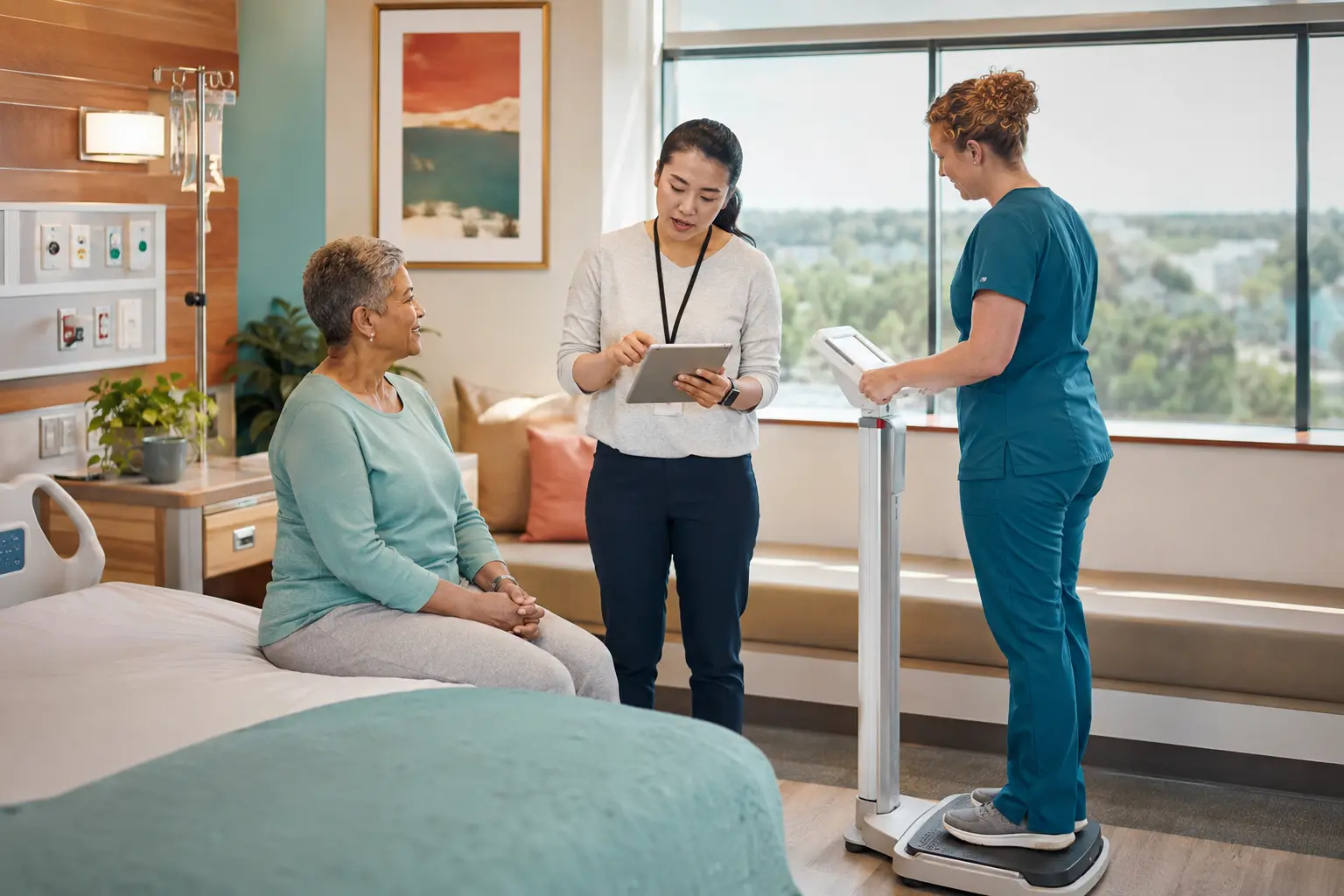 An older adult patient sits at the bedside while a nurse uses an accessible scale and a dietitian reviews a nutrition assessment on a tablet.